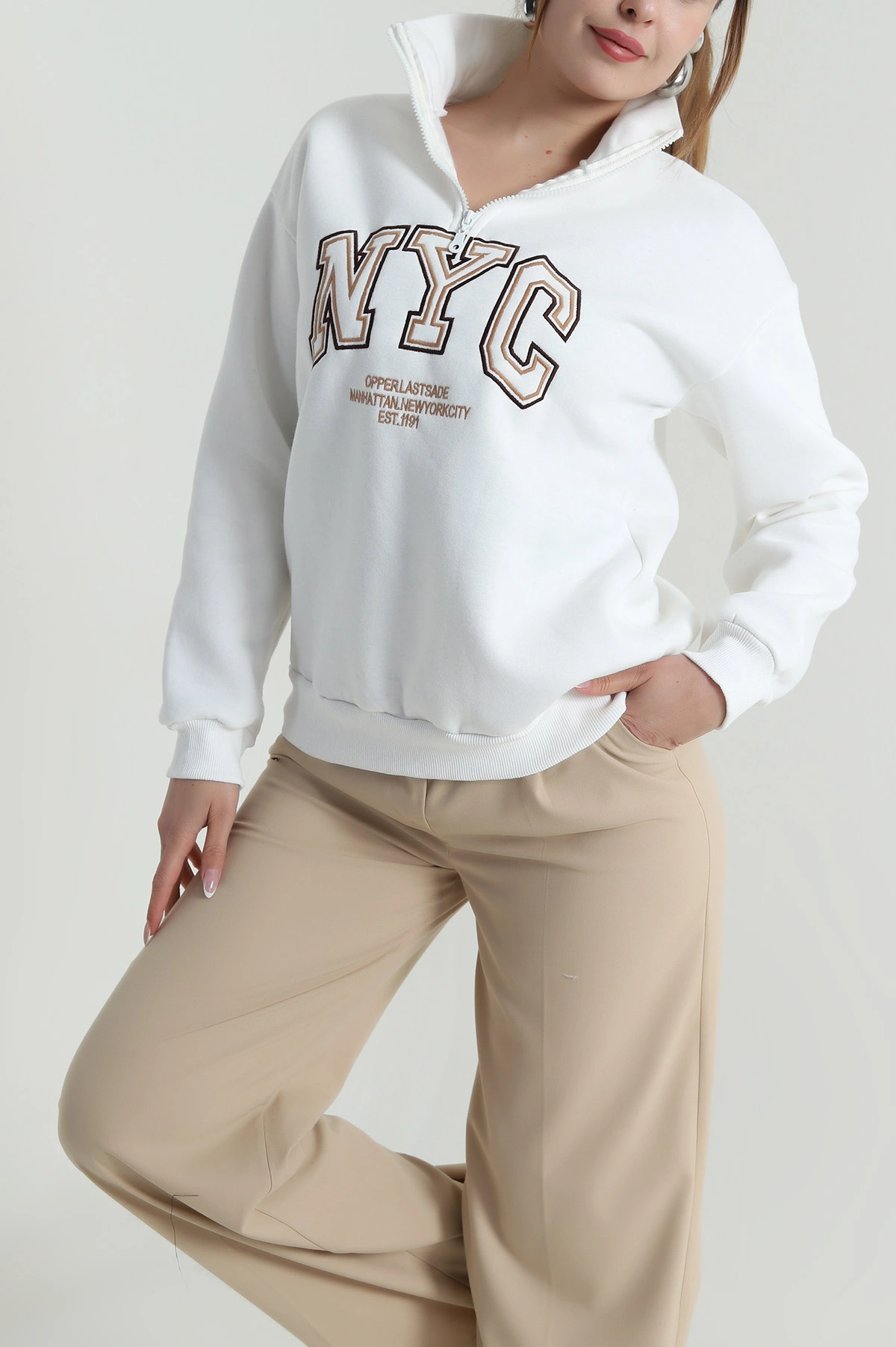 Beyaz Şardonlu Üç İp Kadın Sweat 487149