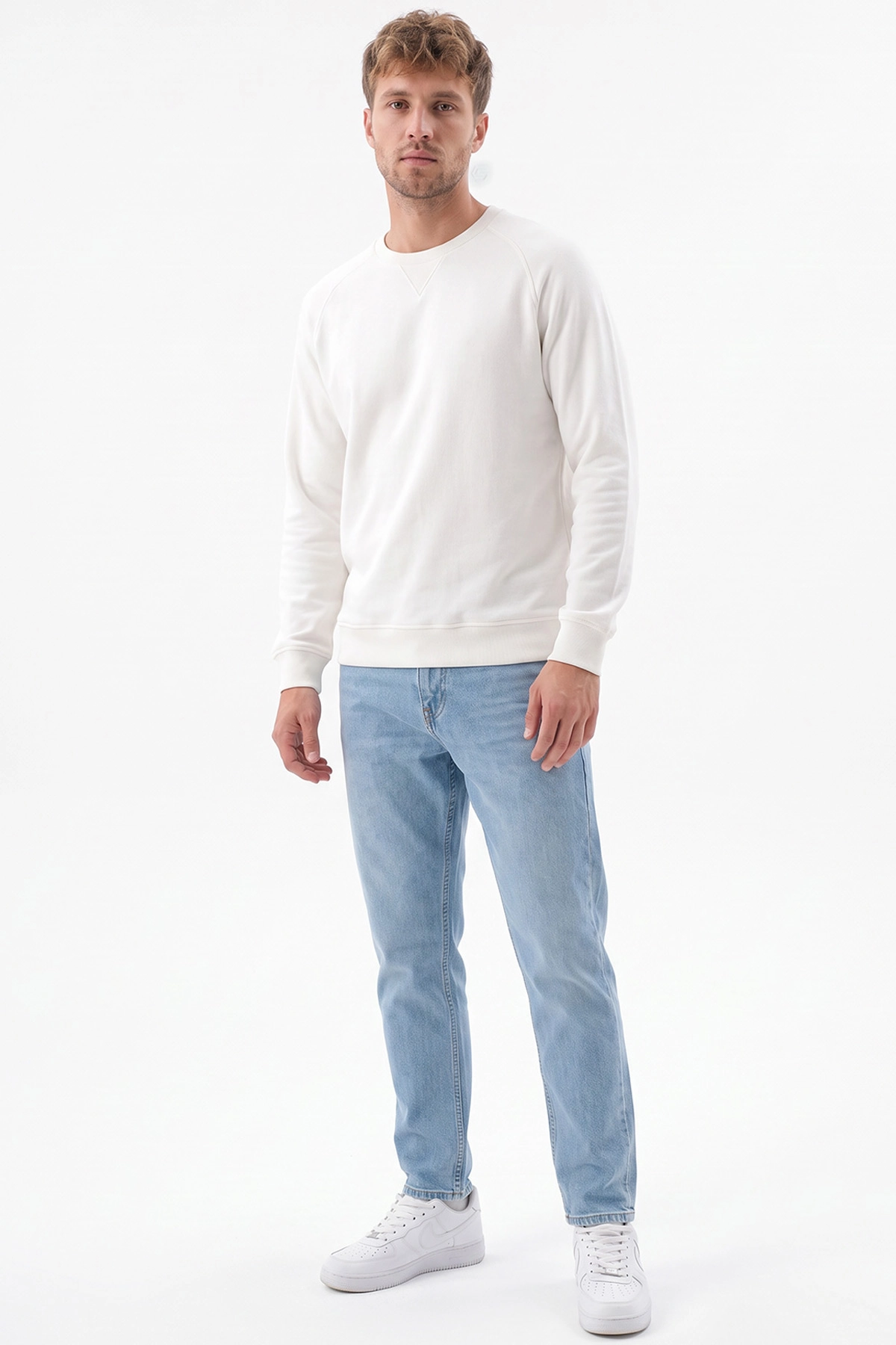 Beyaz Selanik Bisiklet Yaka Erkek Sweatshirt 494737