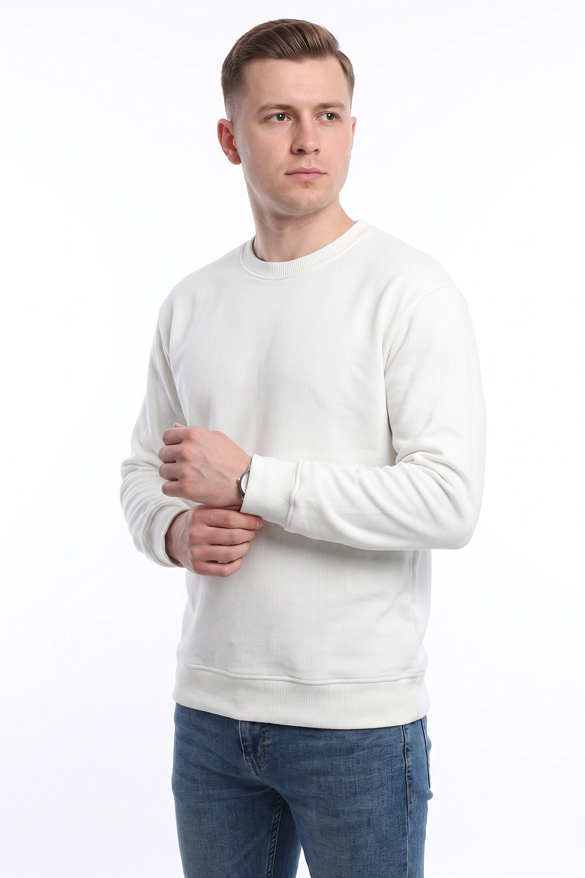 Beyaz Selanik Bisiklet Yaka Uzun Kol Erkek Sweatshirt 494512