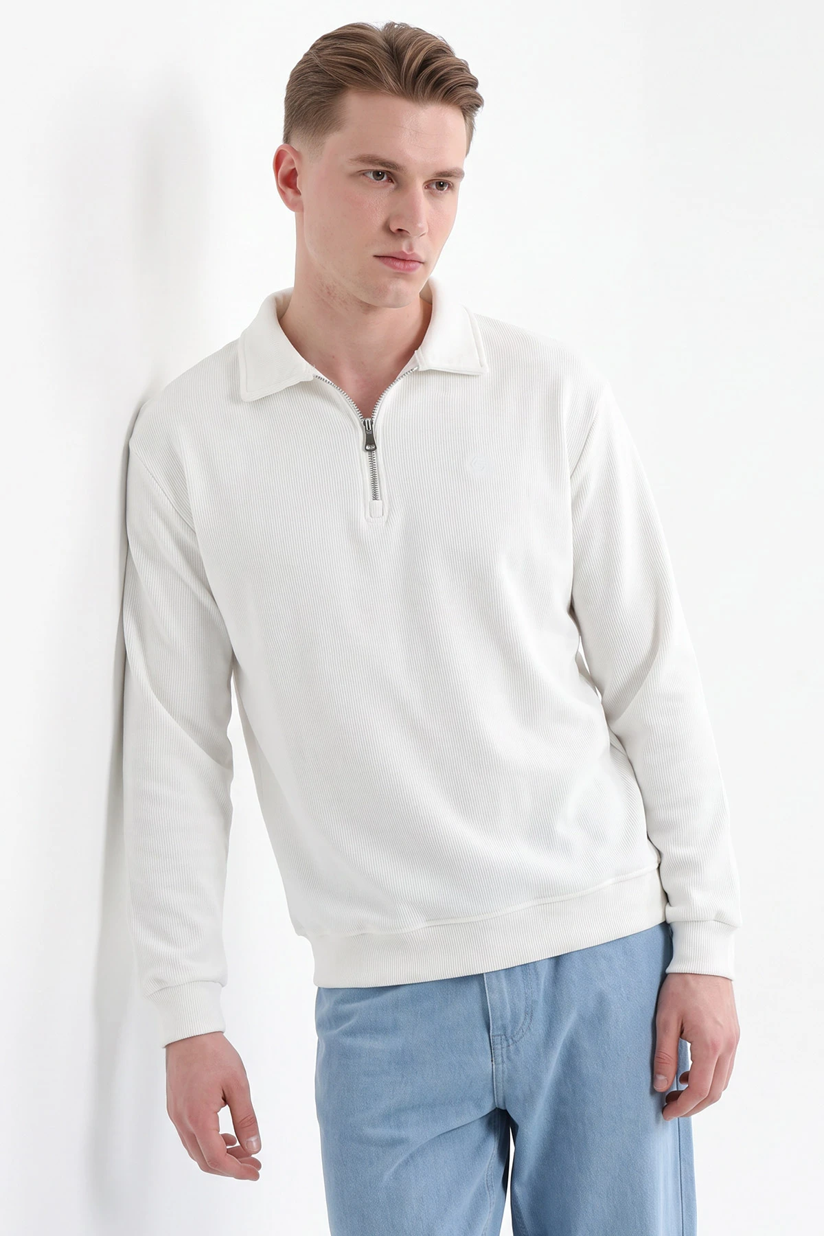 Beyaz Selanik Yarım Fermuarlı Polo Yaka Erkek Sweatshirt 494488