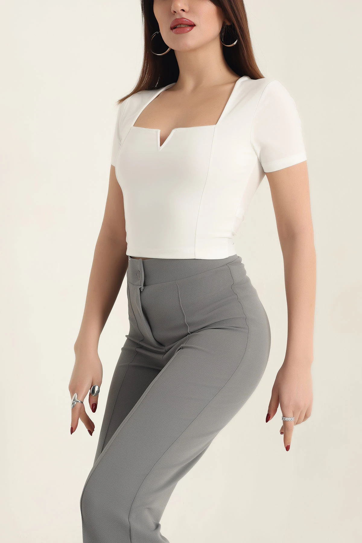 Beyaz Sendy Kumaş Crop Bluz 337565