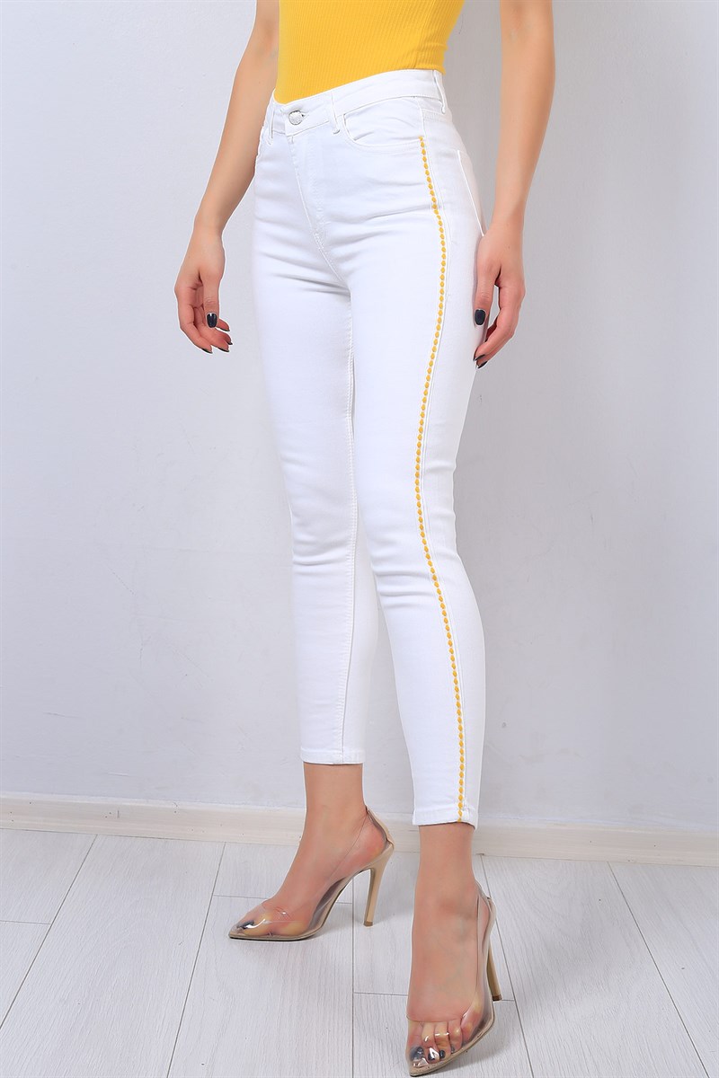 Beyaz Şerit Detay Likralı Kot Pantolon 14452B