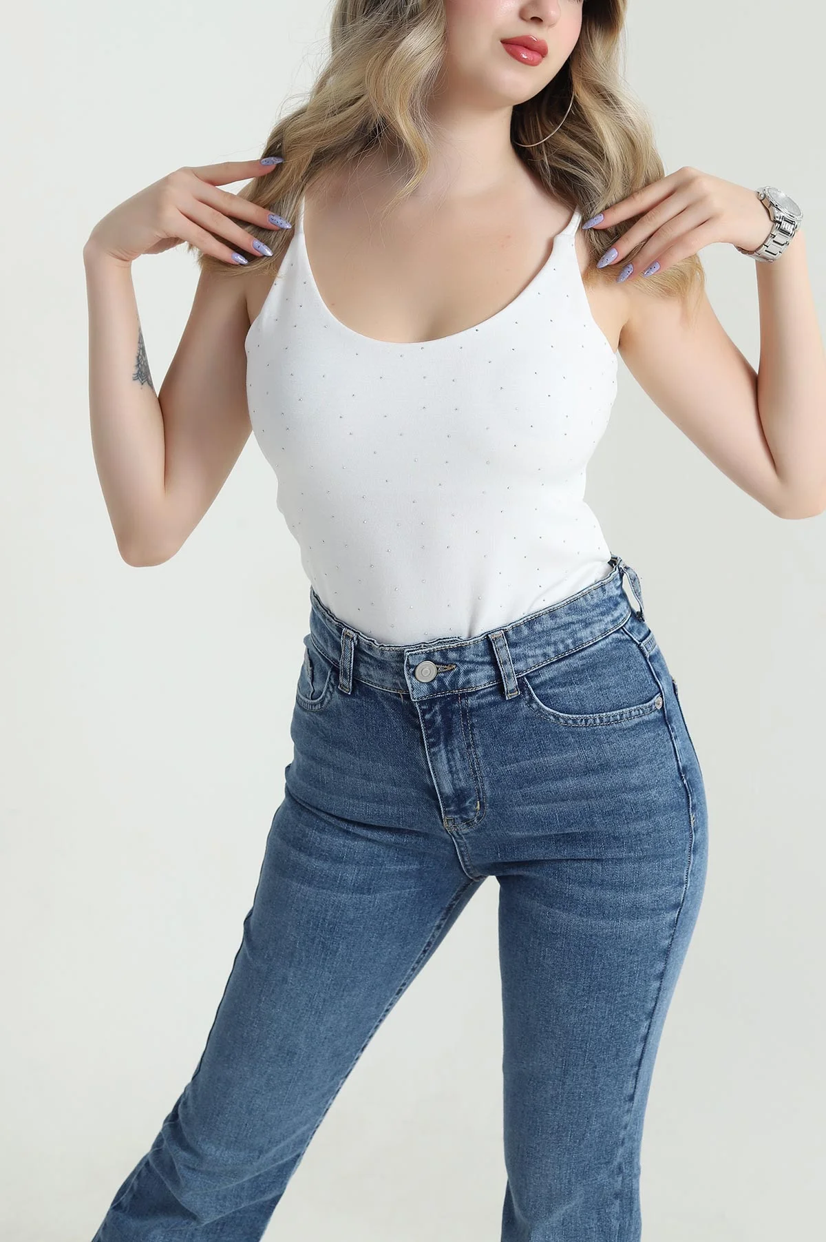 Beyaz Serpme Taşlı Oysho Kadın Zıbın Bluz 475267