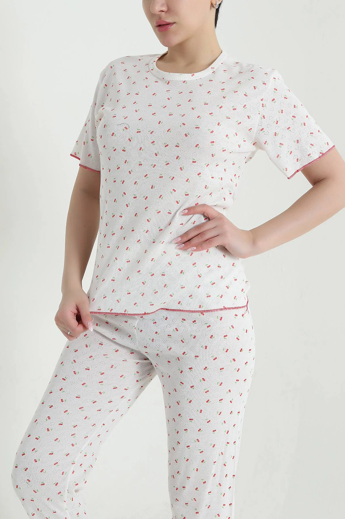 Beyaz Sıfır Yaka Pointel Kadın Pijama Takımı 461853