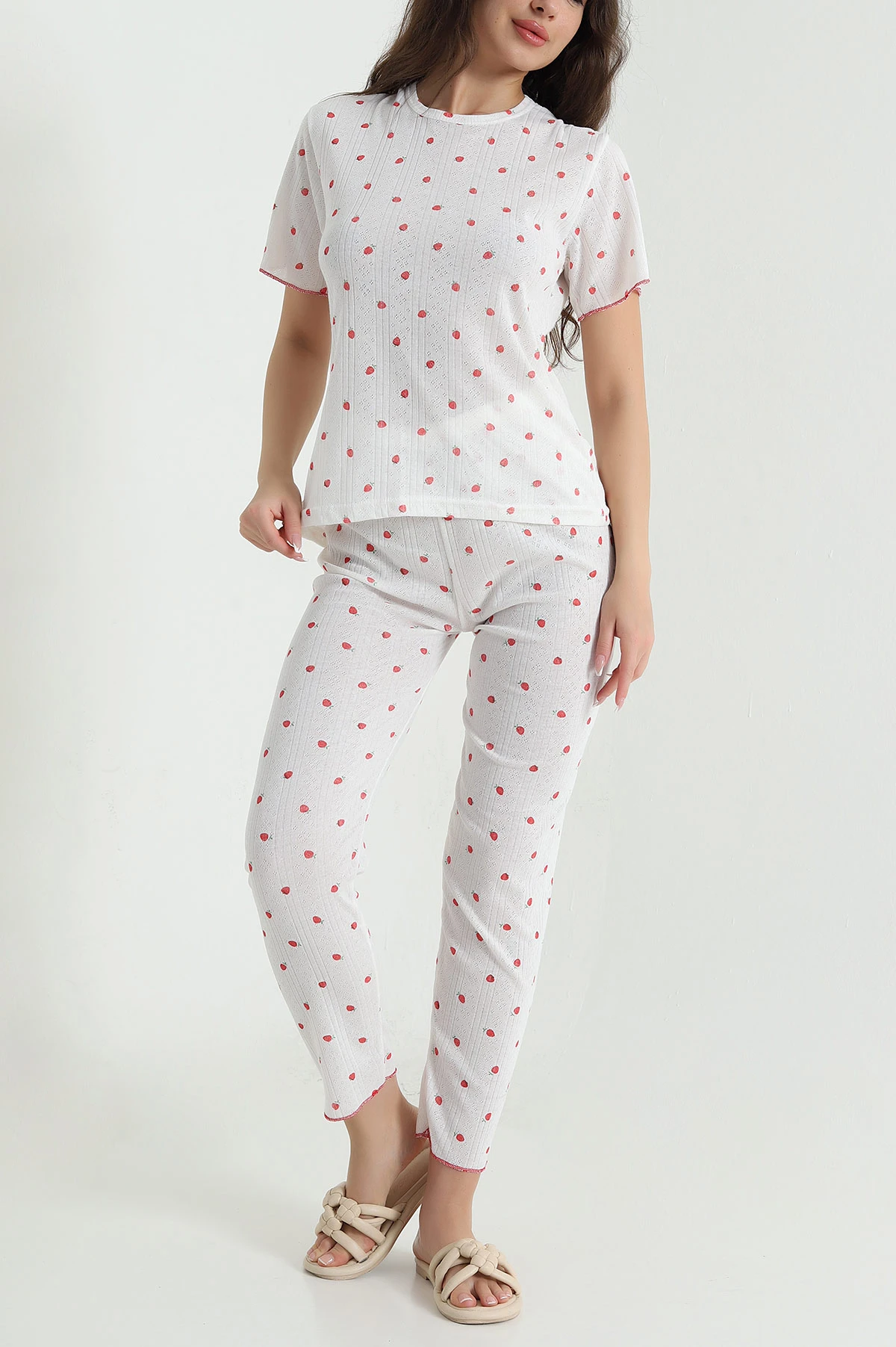 Beyaz Sıfır Yaka Pointel Kadın Pijama Takımı 461857