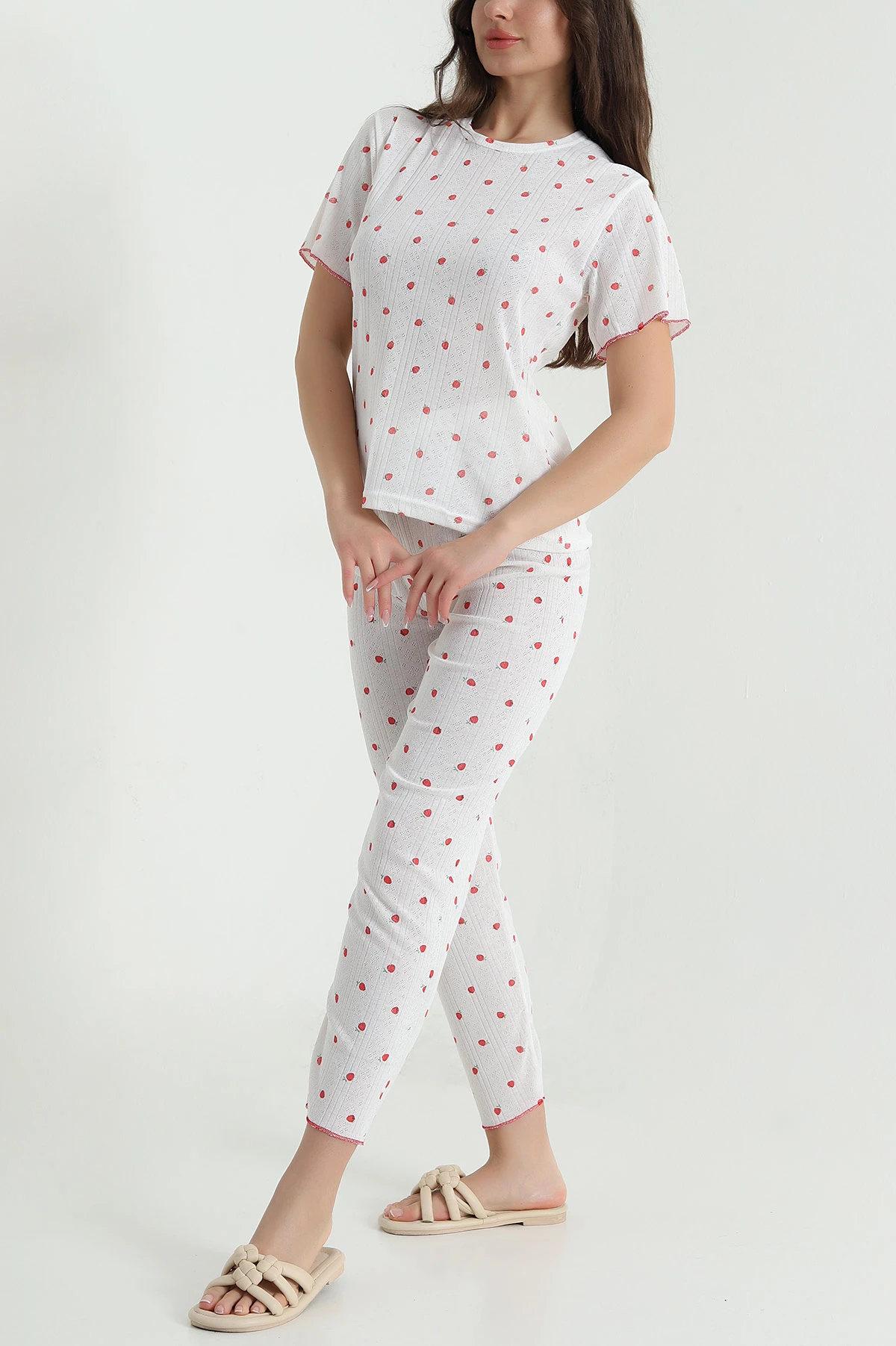 Beyaz Sıfır Yaka Pointel Kadın Pijama Takımı 461857