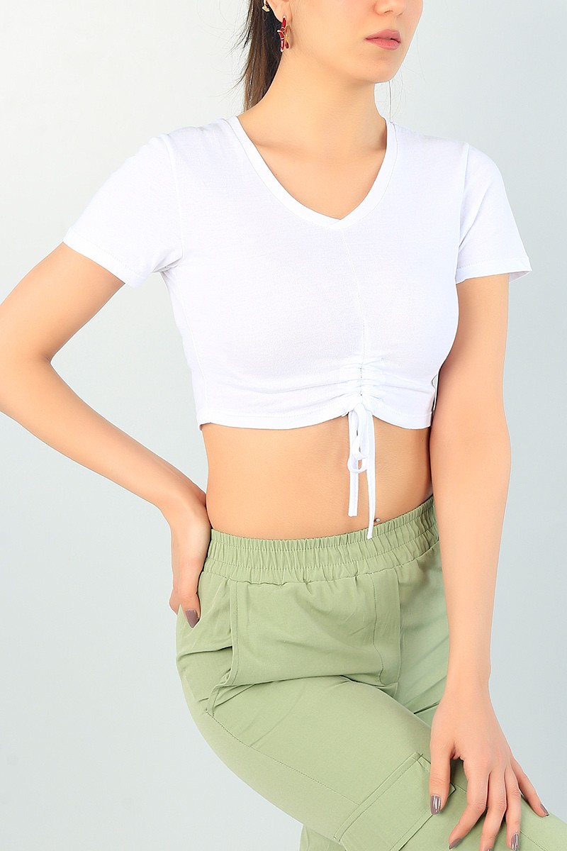 Beyaz Sıkmalı V Yaka Bayan Crop 65273