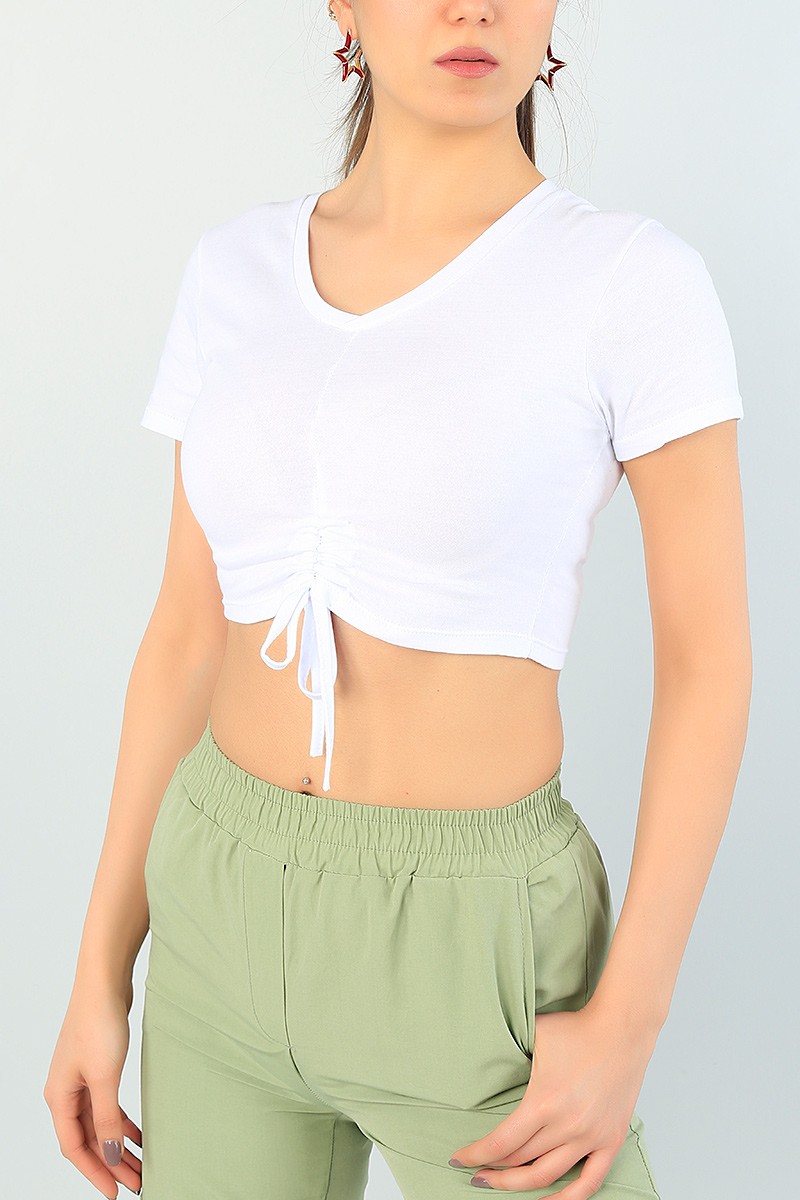Beyaz Sıkmalı V Yaka Bayan Crop 65273
