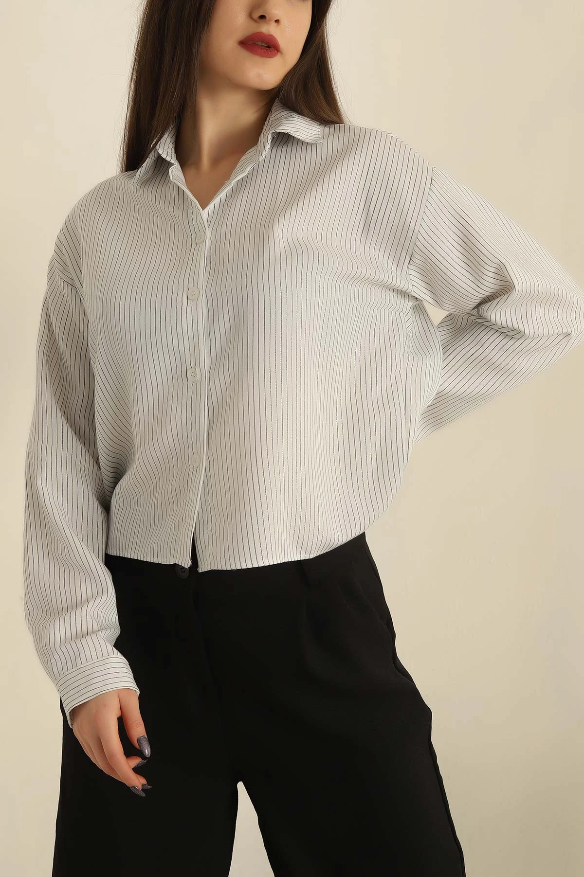 Beyaz Simli Çizgili Gömlek 253998
