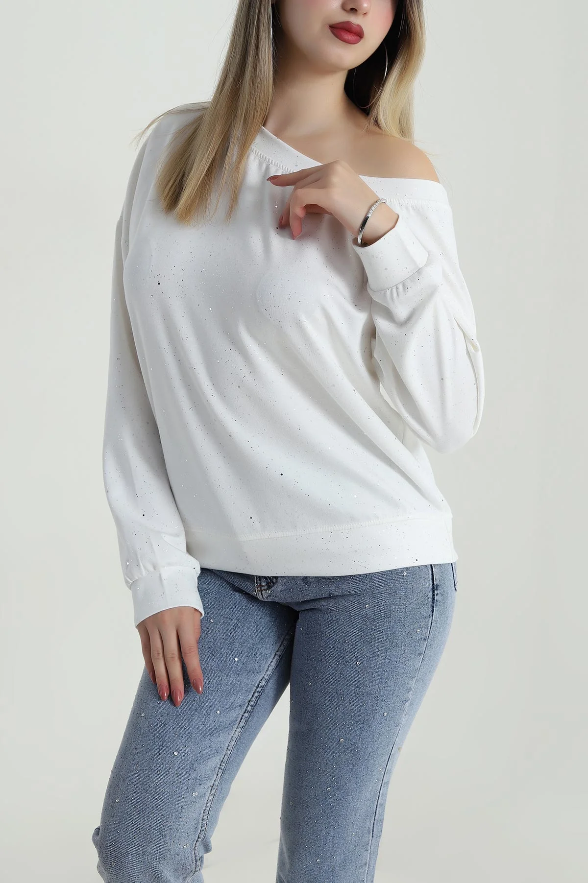 Beyaz Simli Likralı Oysho Kadın Bluz 486639
