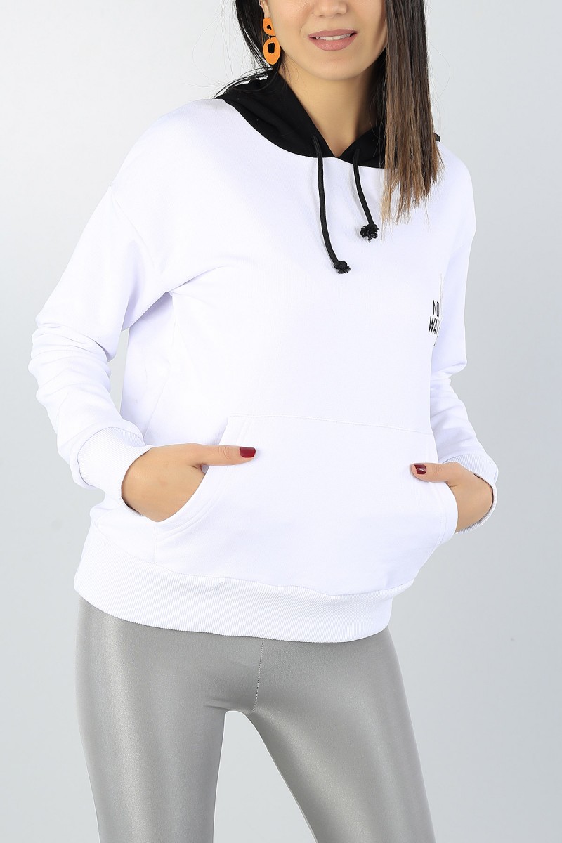 Beyaz Sırt Baskılı Bayan Pamuk Sweat 51796