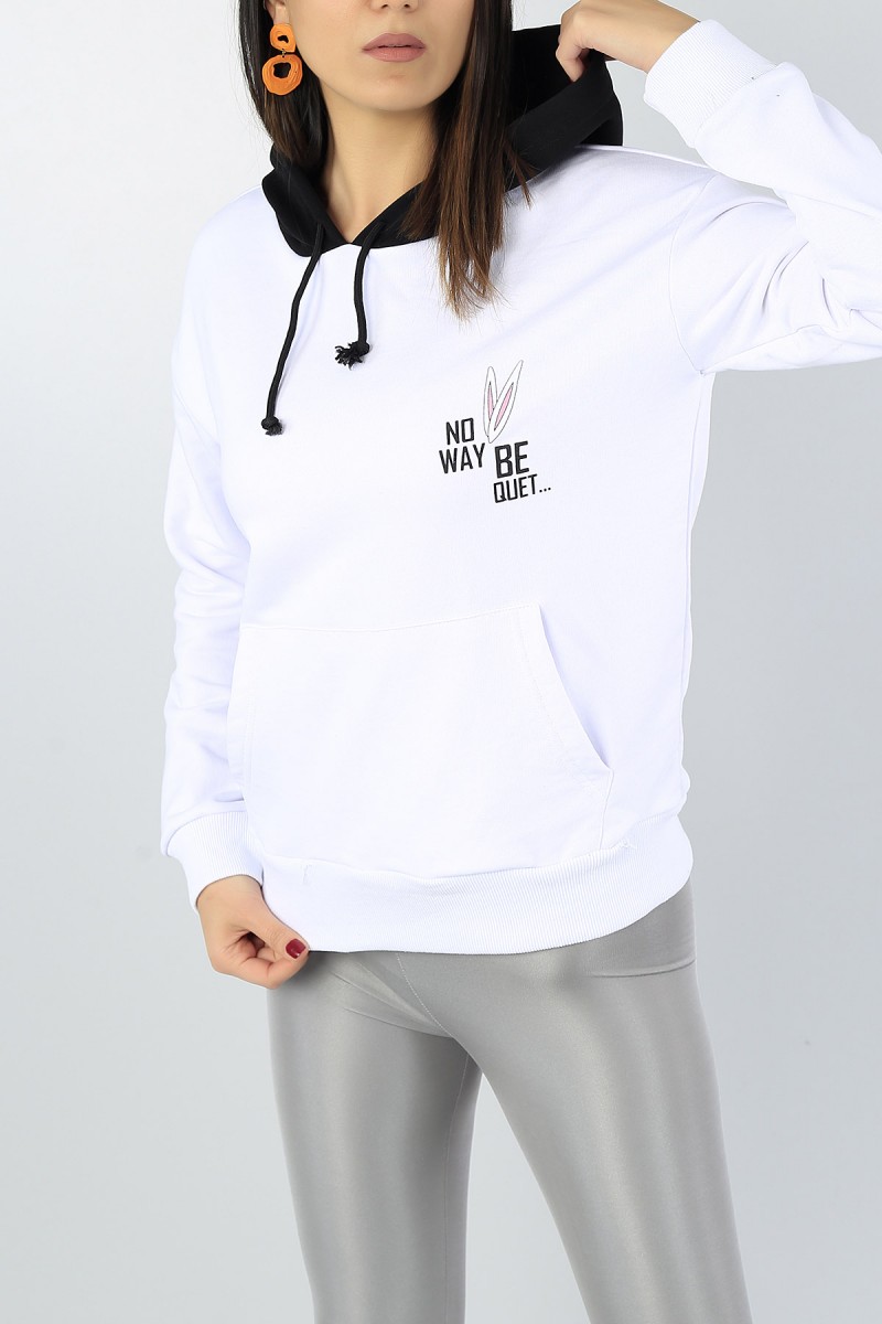 Beyaz Sırt Baskılı Bayan Pamuk Sweat 51796