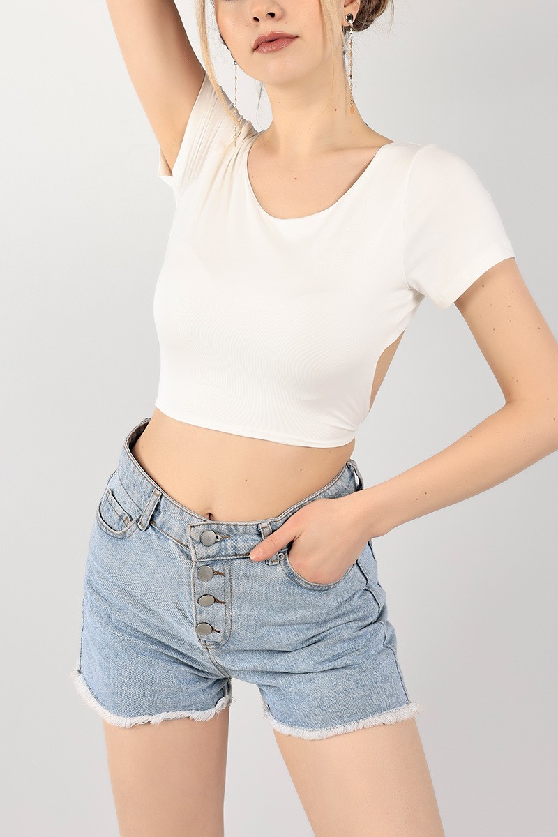 Beyaz Sırt Dekolte Crop Bluz 101962