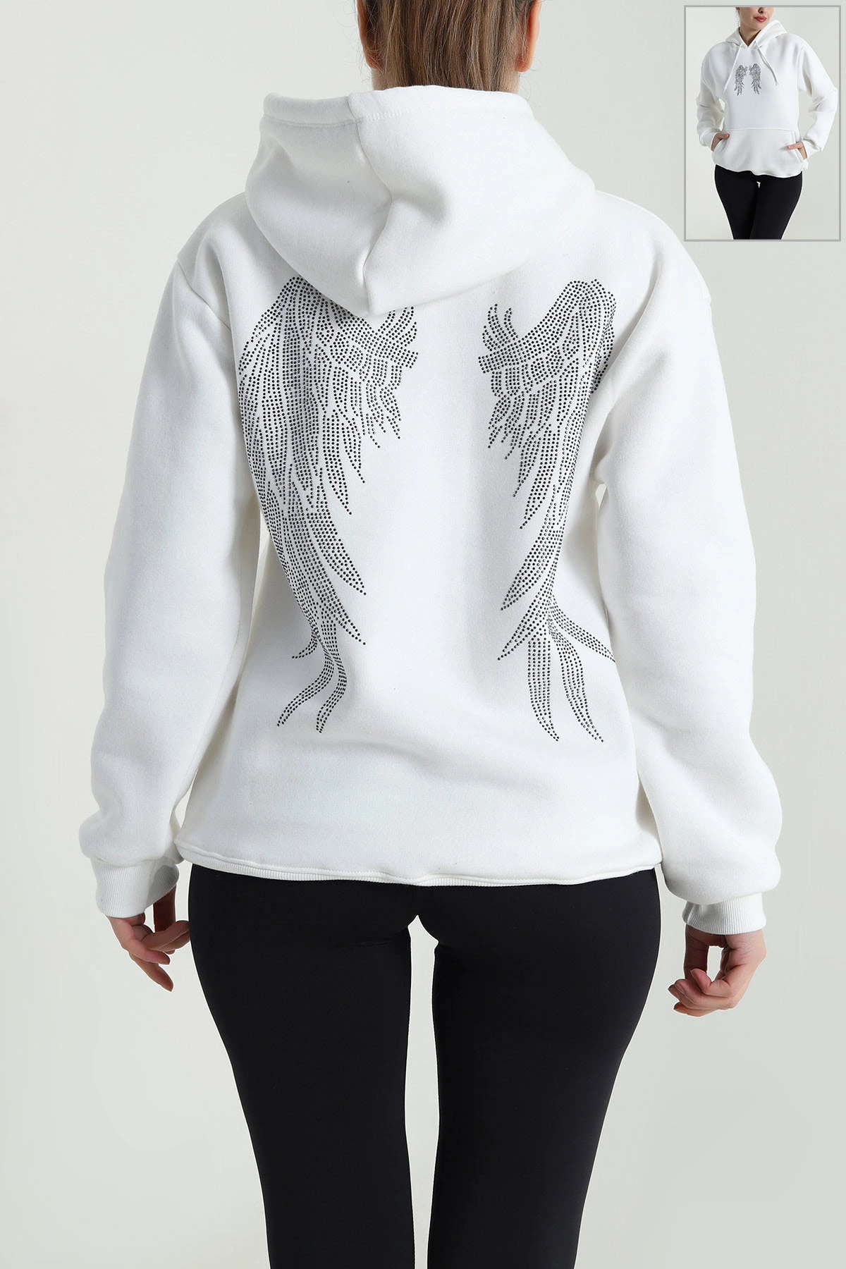 Beyaz Sırtı Taşlı Kadın Şardonlu Fermuarlı Sweat 496108