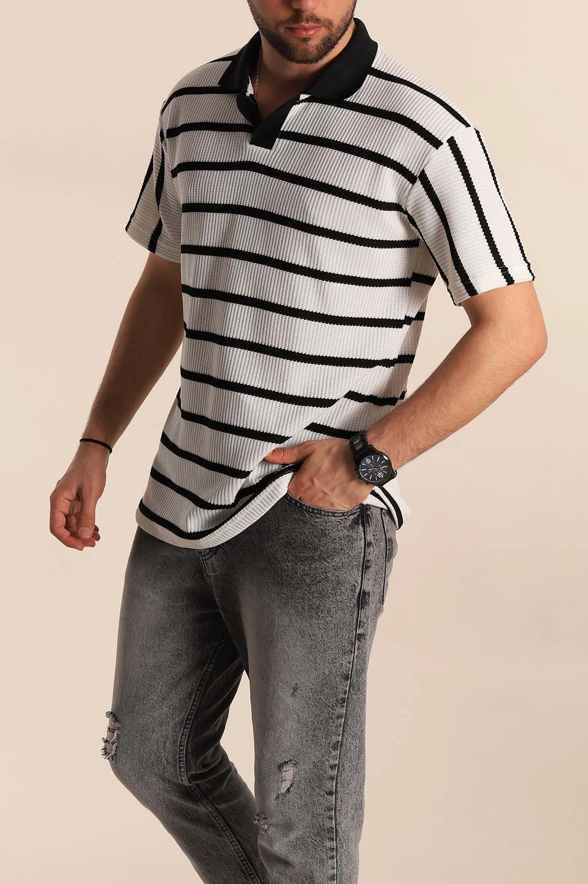 Beyaz Siyah Çizgili Oversize Polo Yaka Erkek Triko Tişört 269205
