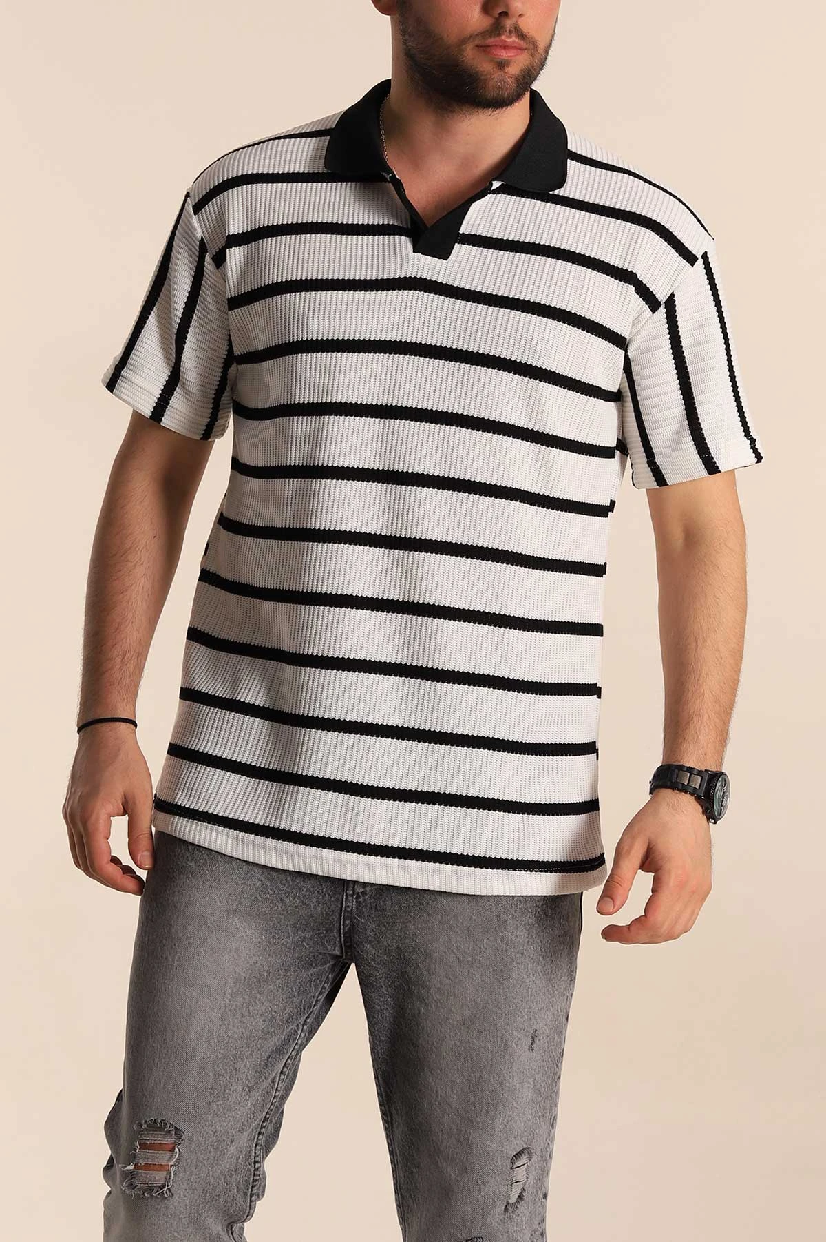 Beyaz Siyah Çizgili Oversize Polo Yaka Erkek Triko Tişört 269205