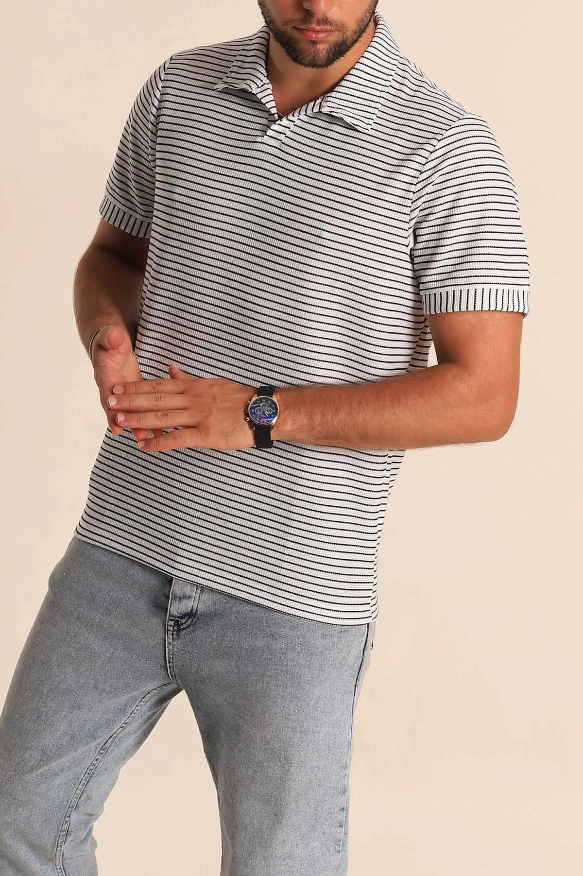 Beyaz Siyah Çizgili Regular Fit Dokulu Polo Yaka Erkek Tişört 277087
