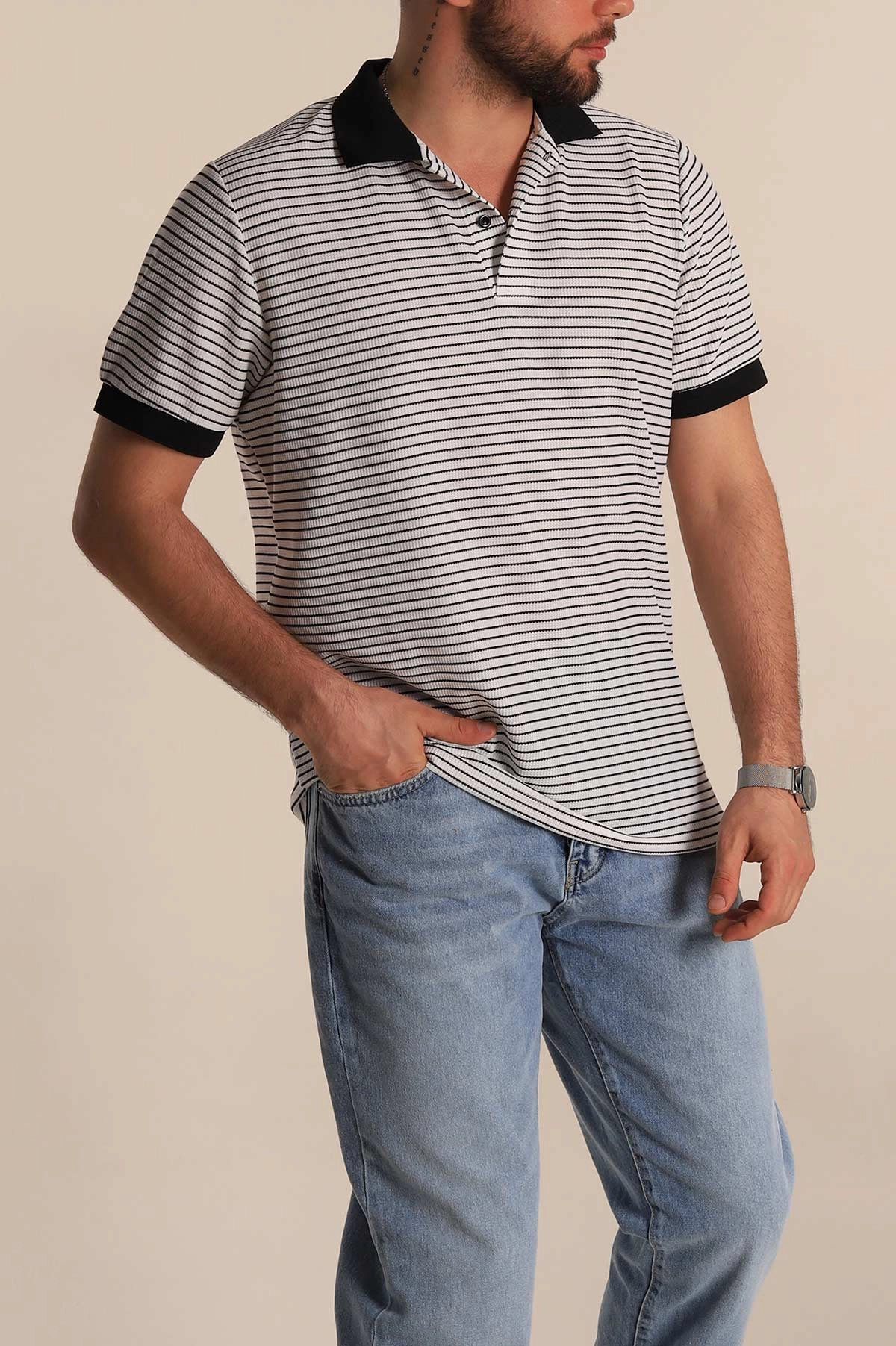 Beyaz Siyah Çizgili Regular Fit Polo Yaka Erkek Tişört 277116