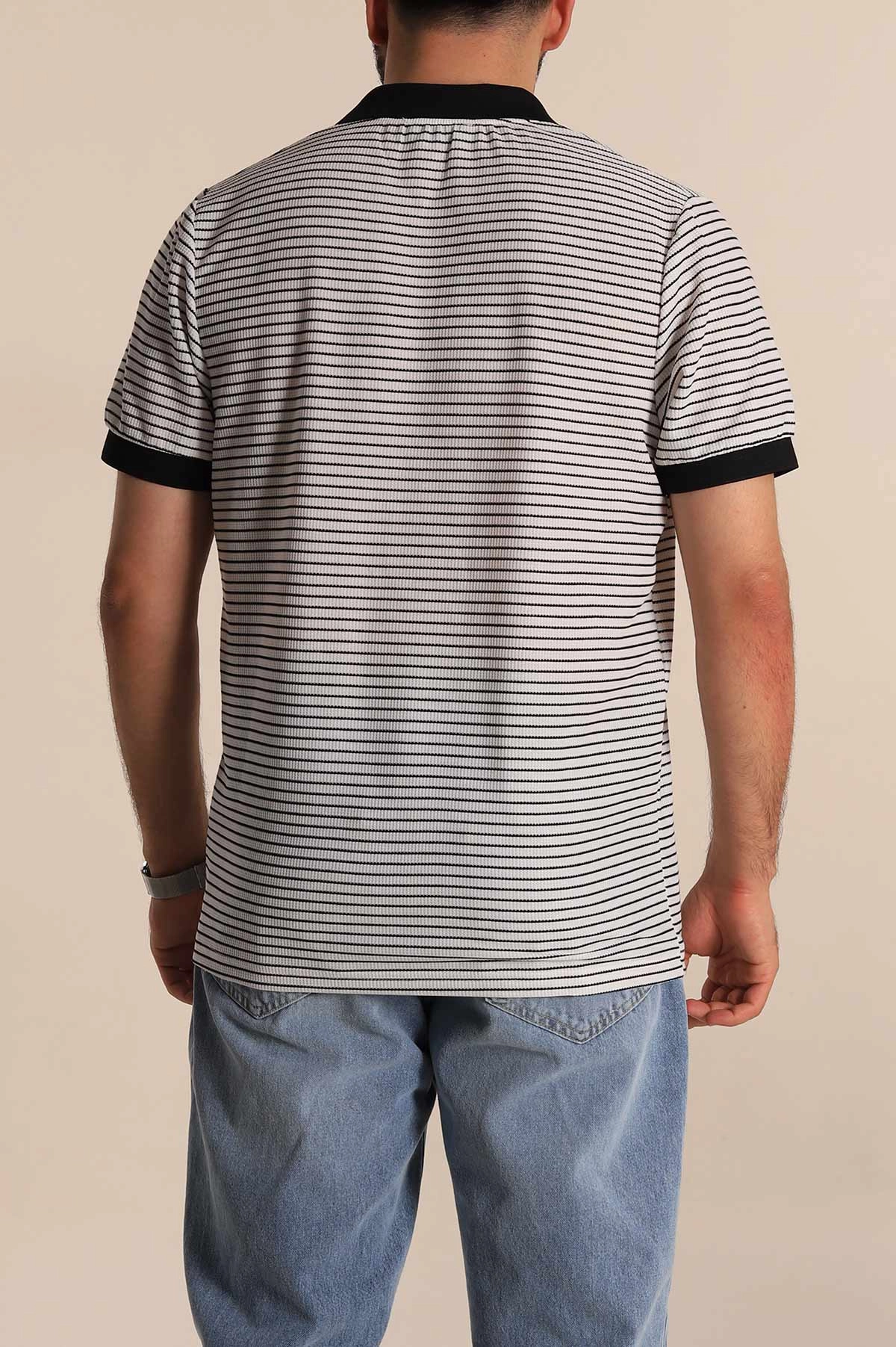 Beyaz Siyah Çizgili Regular Fit Polo Yaka Erkek Tişört 277116