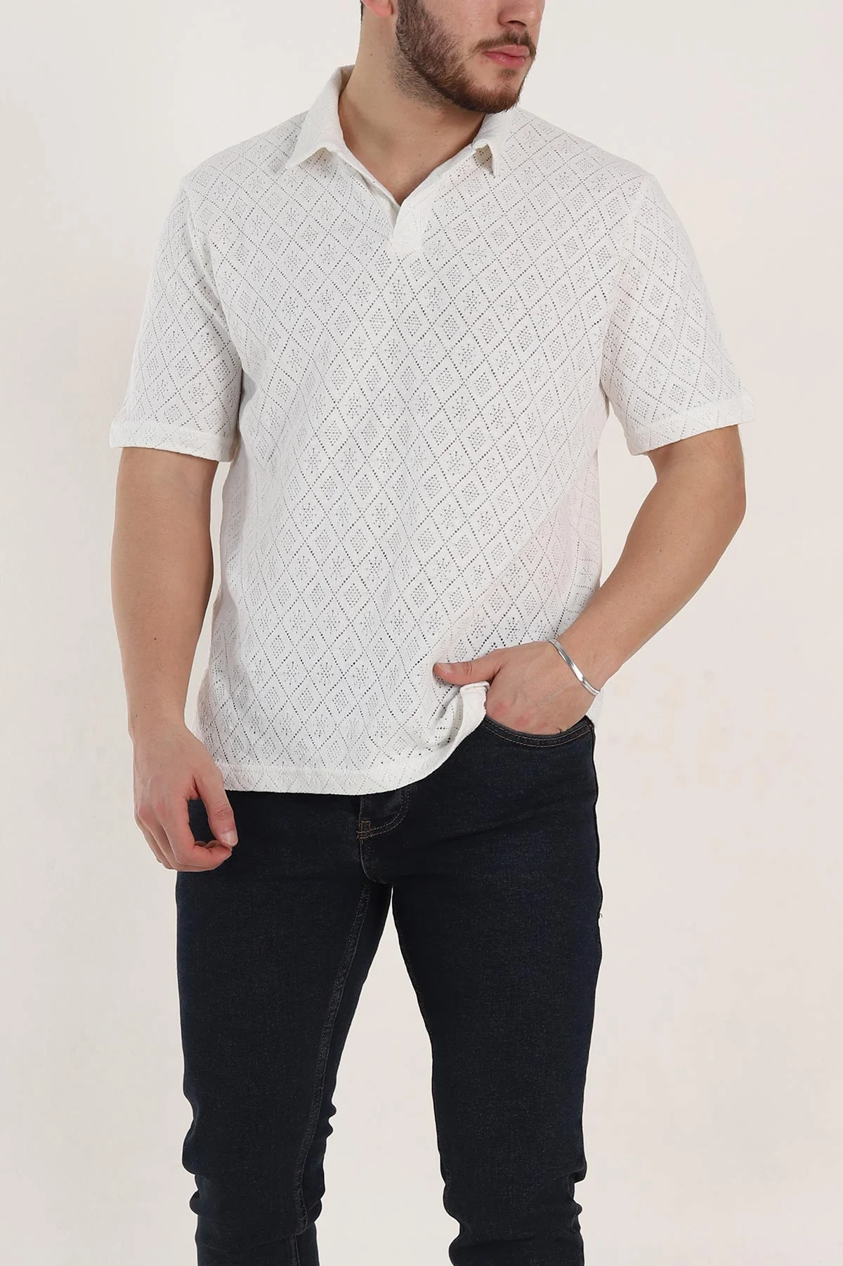 Beyaz Slim Fit Ajurlu Polo Yaka Kısa Kollu Erkek Triko Tişört 338959