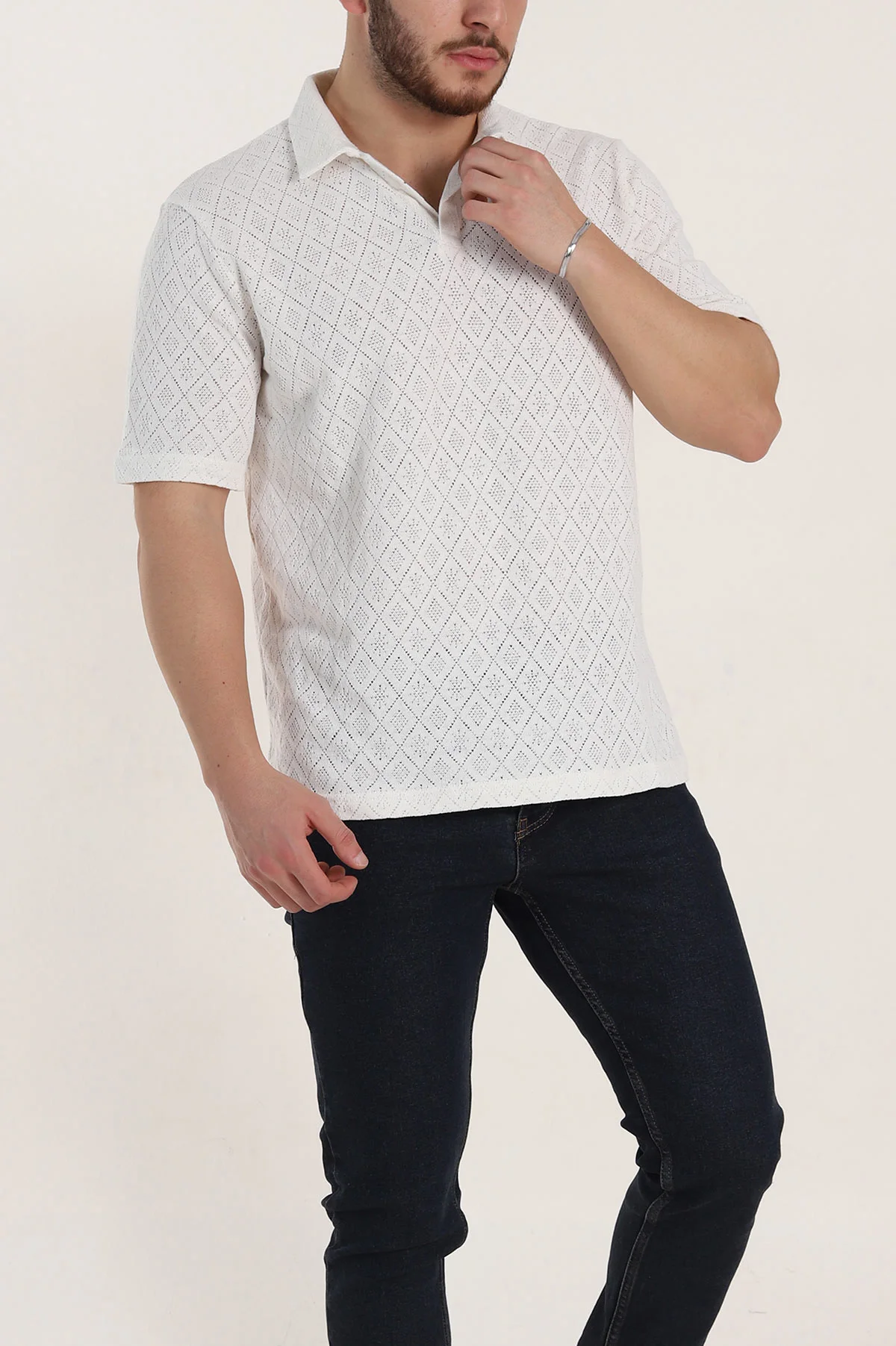 Beyaz Slim Fit Ajurlu Polo Yaka Kısa Kollu Erkek Triko Tişört 338959