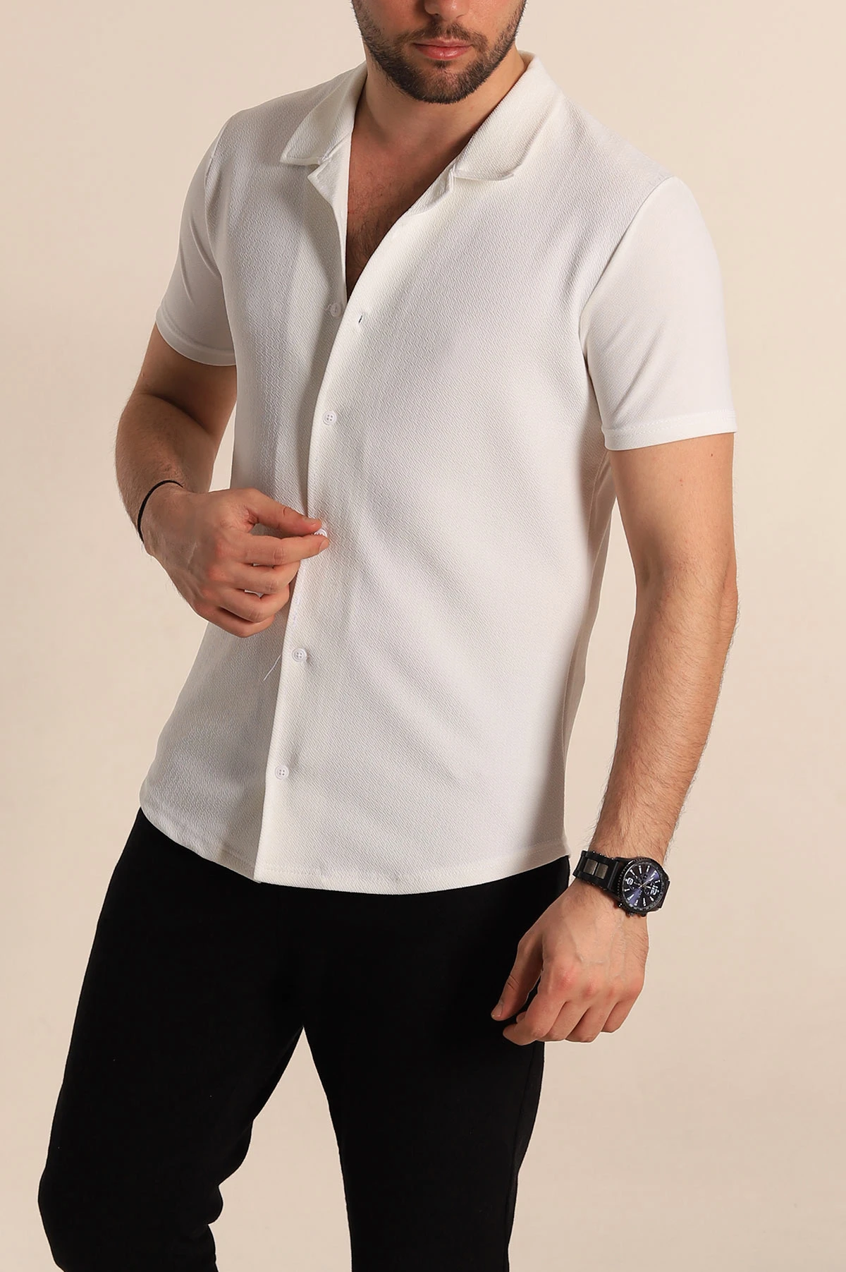 Beyaz Slim Fit Apaş Yaka Erkek Krep Gömlek 268154