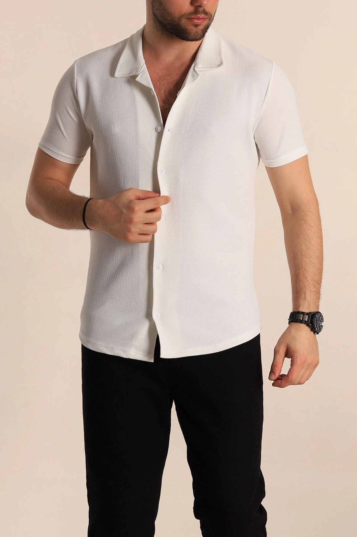 Beyaz Slim Fit Apaş Yaka Erkek Krep Gömlek 268154
