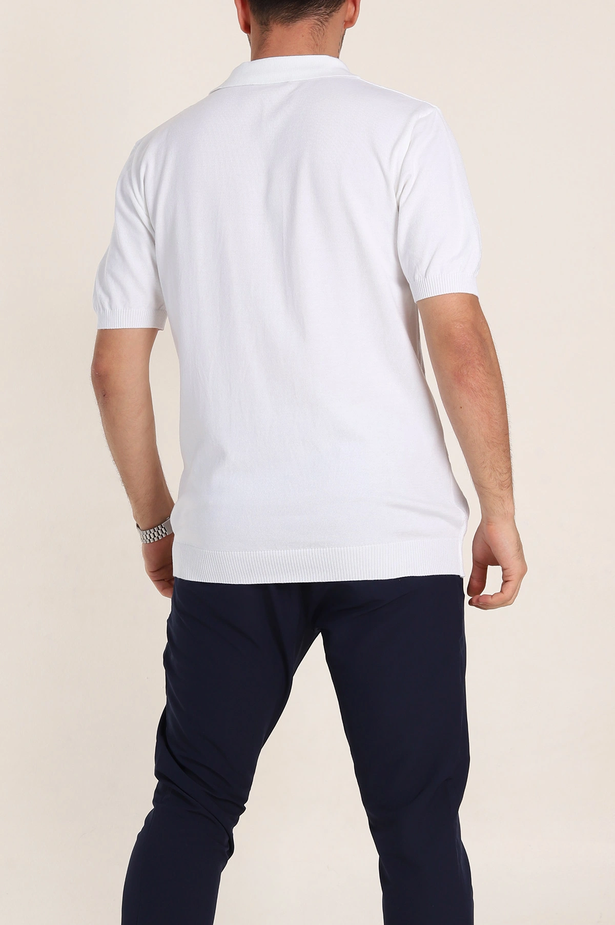 Beyaz Slim Fit Baklava Desenli Polo Yaka Kısa Kollu Erkek Triko Tişört 352881