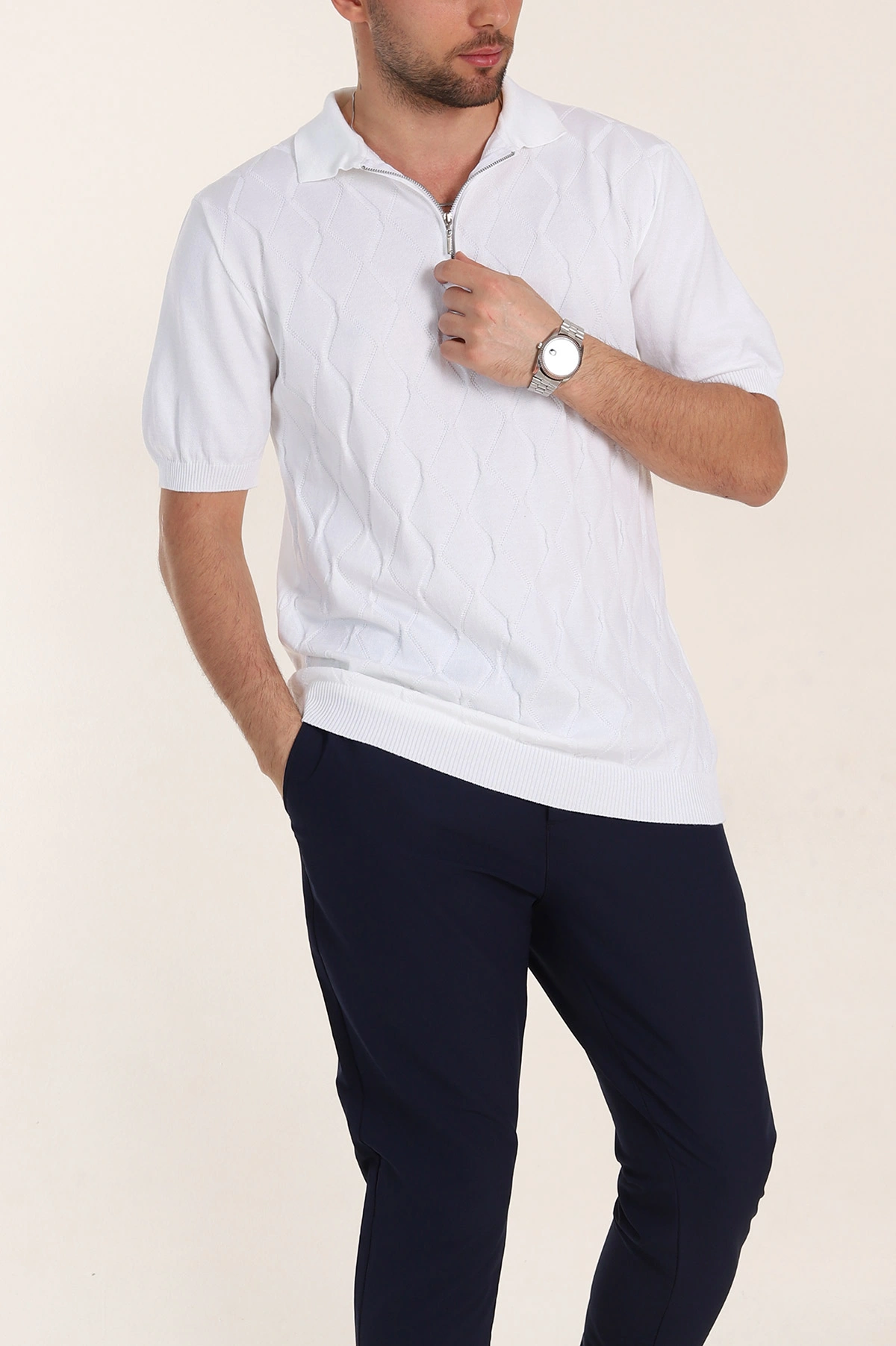 Beyaz Slim Fit Baklava Desenli Polo Yaka Kısa Kollu Erkek Triko Tişört 352881