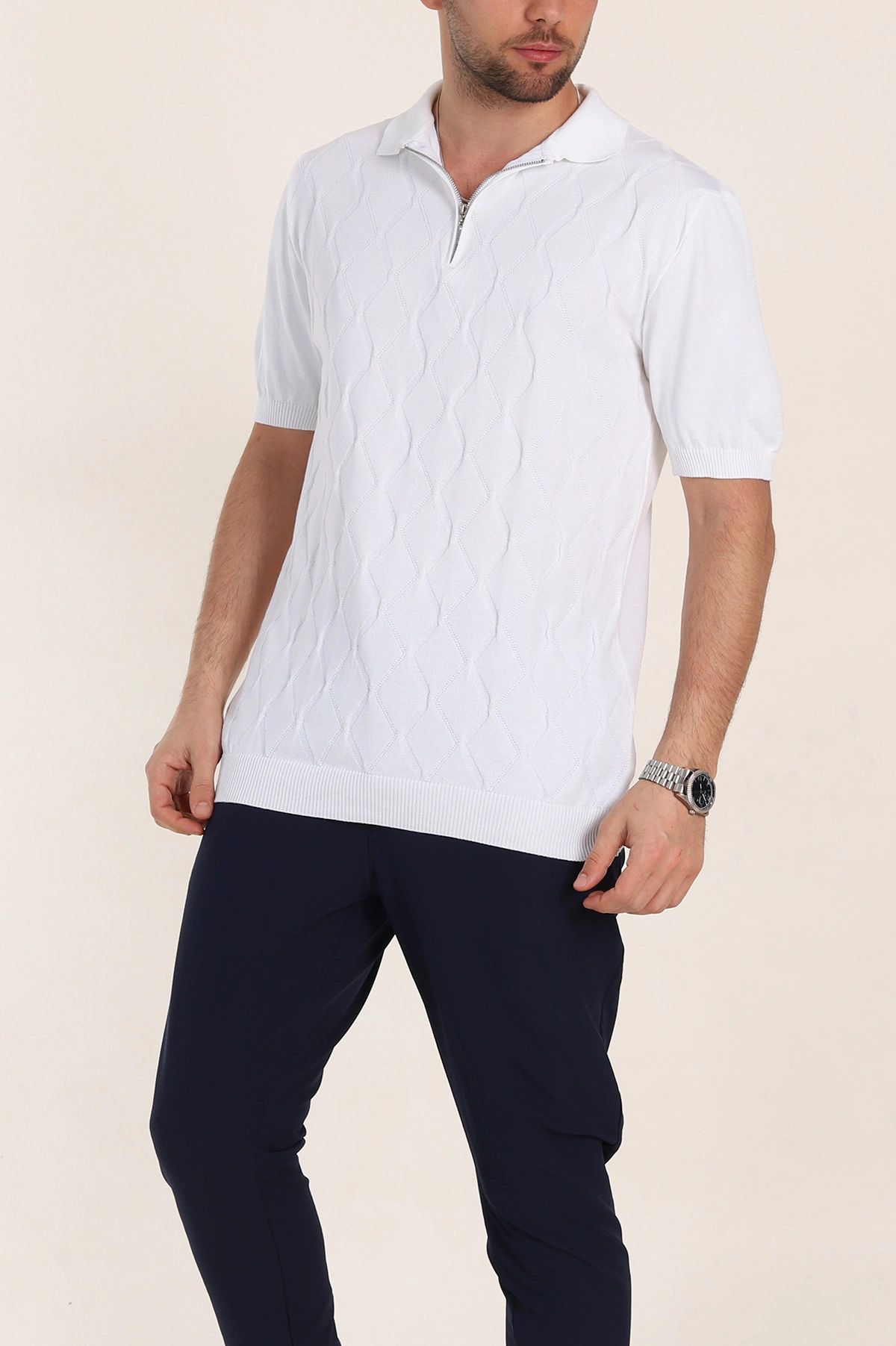 Beyaz Slim Fit Baklava Desenli Polo Yaka Kısa Kollu Erkek Triko Tişört 352881