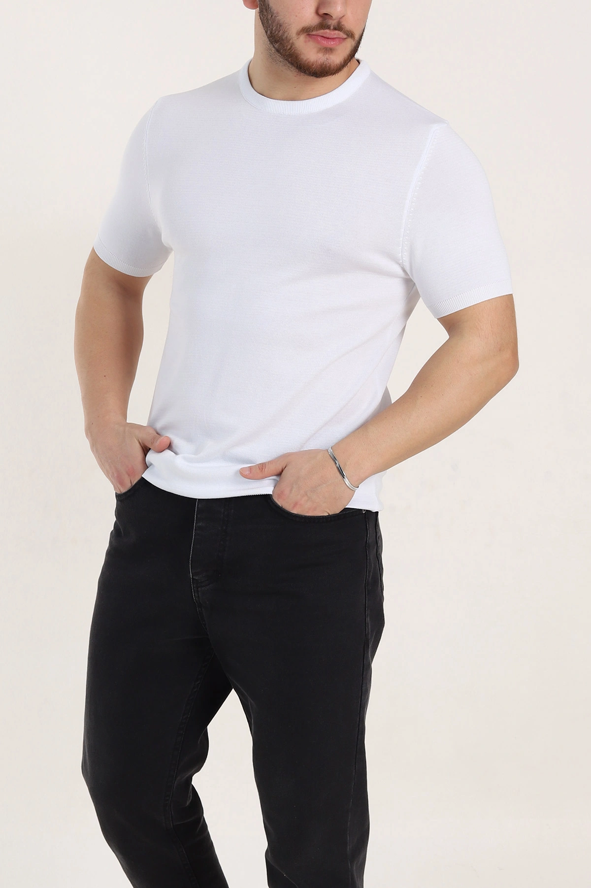 Beyaz Slim Fit Basic Kısa Kollu Triko Tişört 338598