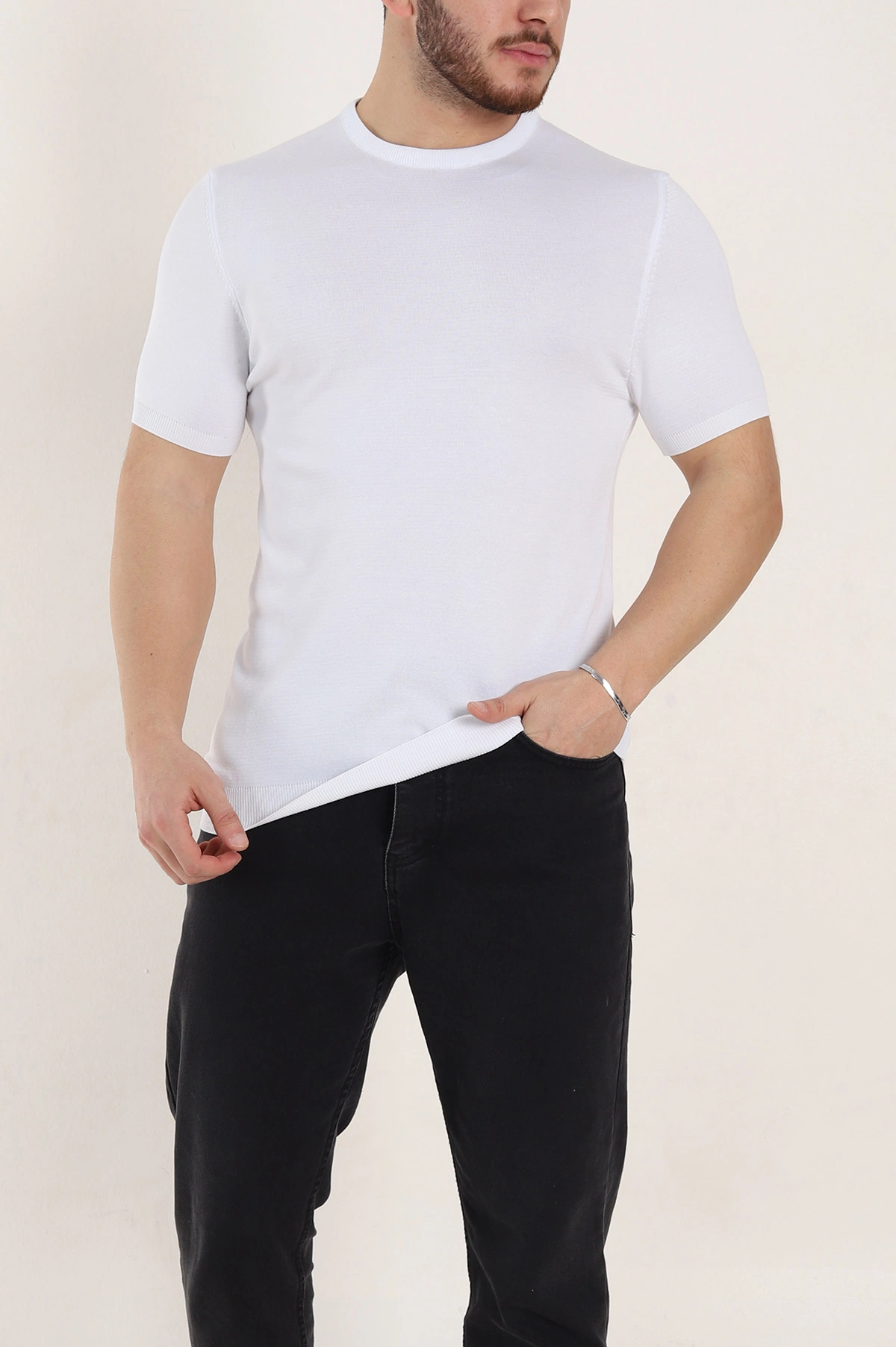 Beyaz Slim Fit Basic Kısa Kollu Triko Tişört 338598