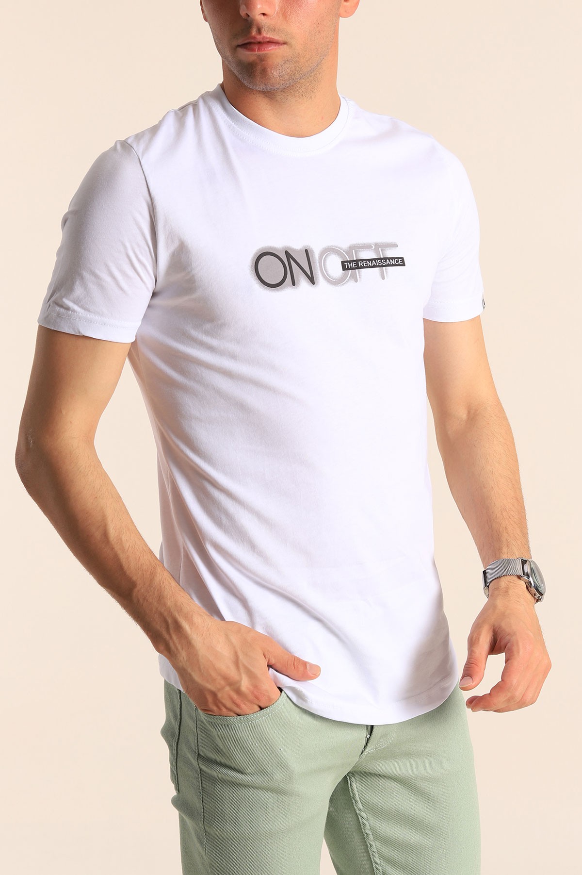 Beyaz Slim Fit Baskılı Erkek Tişört 181964