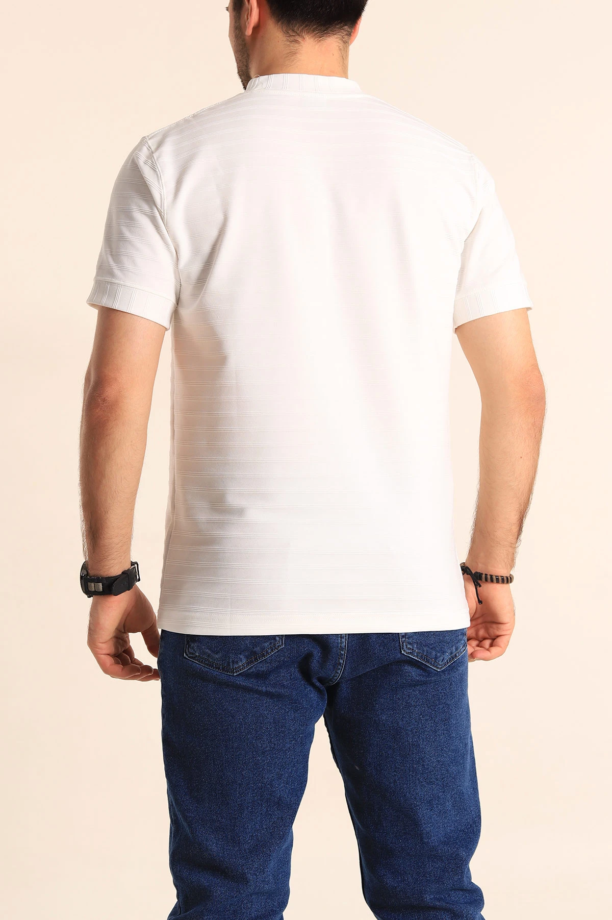 Beyaz Slim Fit Çizgi Detay Likralı Erkek Tişört 248120