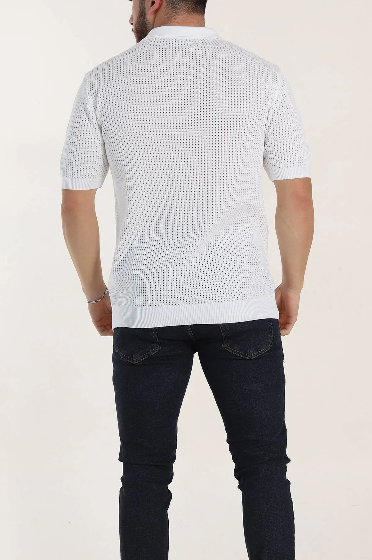 Beyaz Slim Fit Delikli Patlı Polo Yaka Kısa Kollu Erkek Triko Tişört 338909
