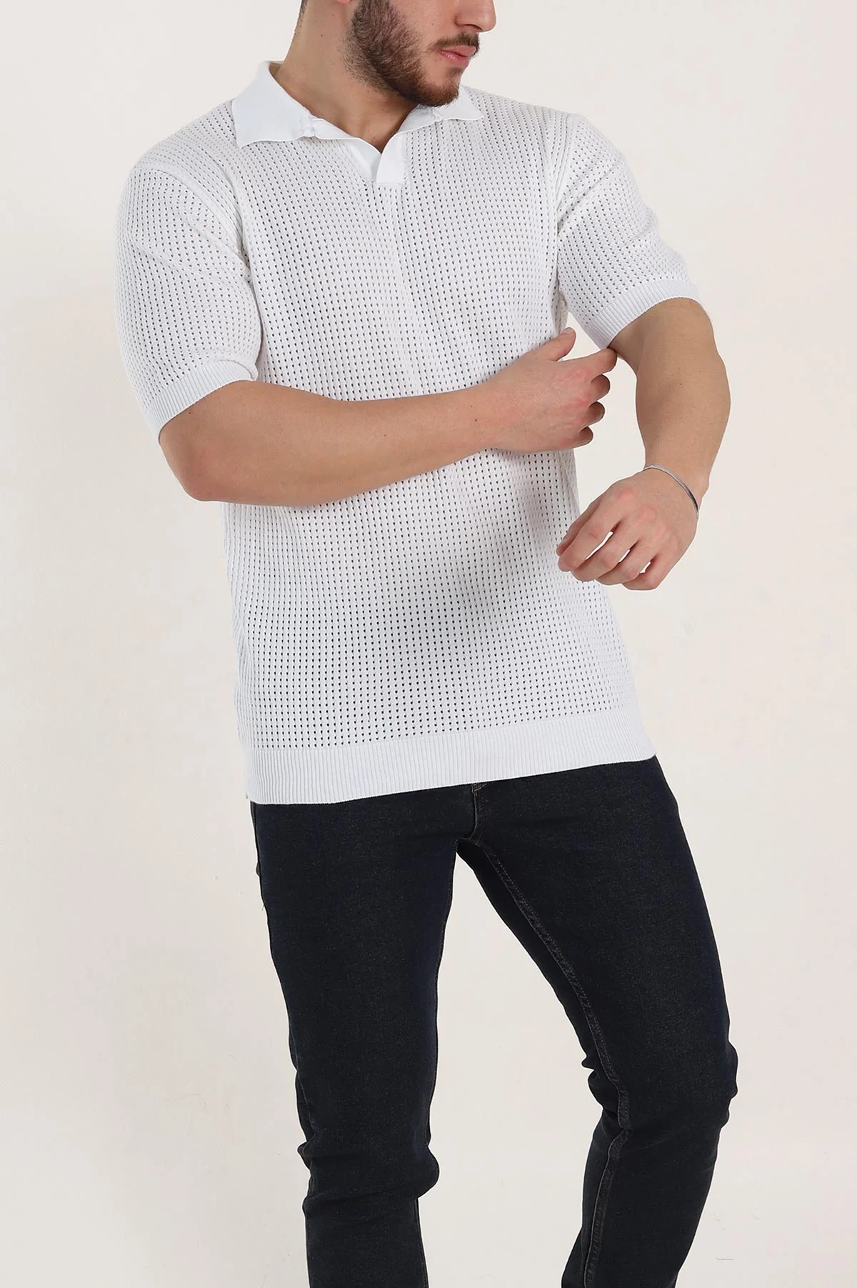 Beyaz Slim Fit Delikli Patlı Polo Yaka Kısa Kollu Erkek Triko Tişört 338909