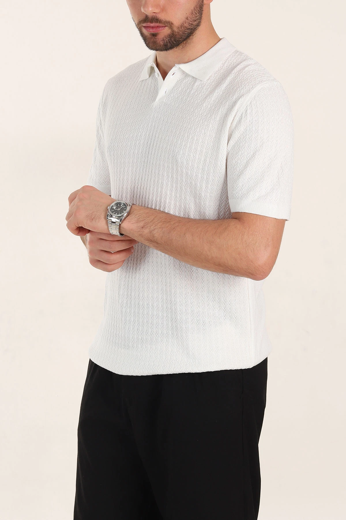 Beyaz Slim Fit Desenli Düğmeli Polo Yaka Erkek Tişört 358319