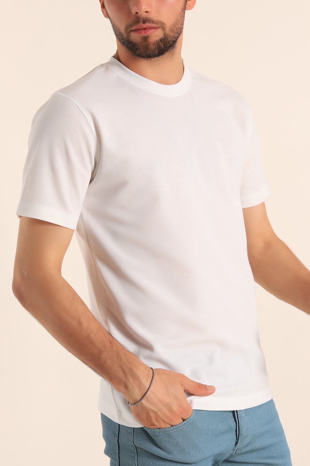 Beyaz Slim Fit Dikiş Detay Erkek Tişört 190164