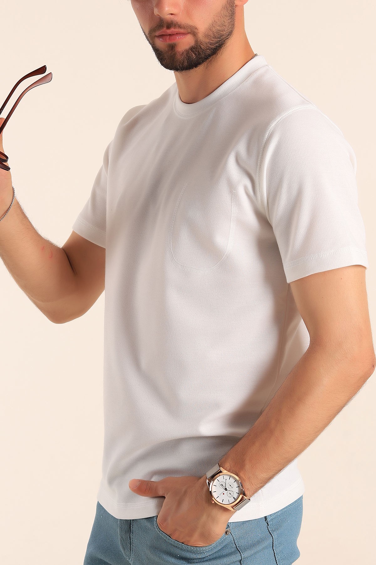 Beyaz Slim Fit Dikiş Detay Erkek Tişört 190164