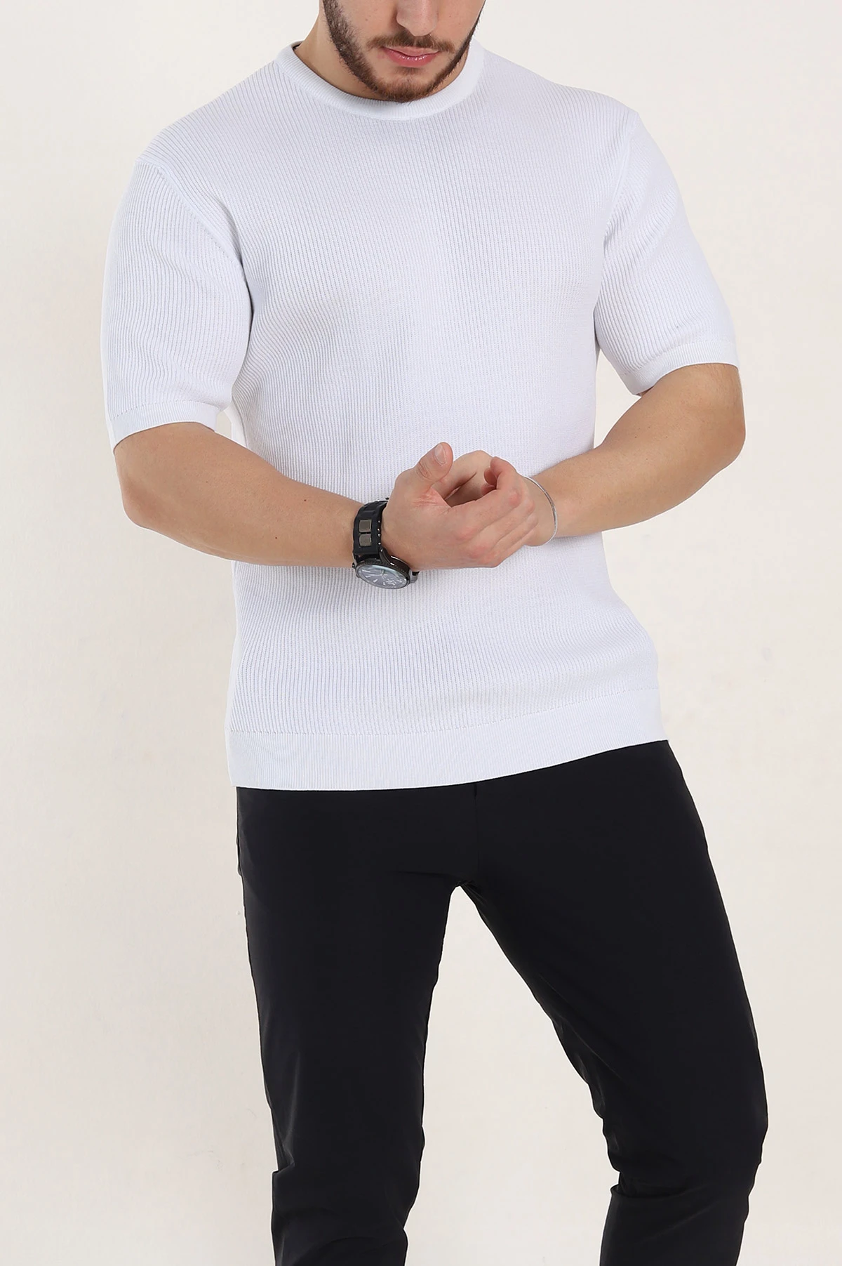 Beyaz Slim Fit Dokulu Basic Kısa Kollu Erkek Triko Tişört 338604