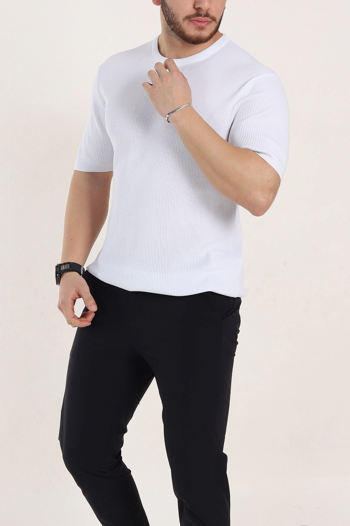 Beyaz Slim Fit Dokulu Basic Kısa Kollu Erkek Triko Tişört 338604