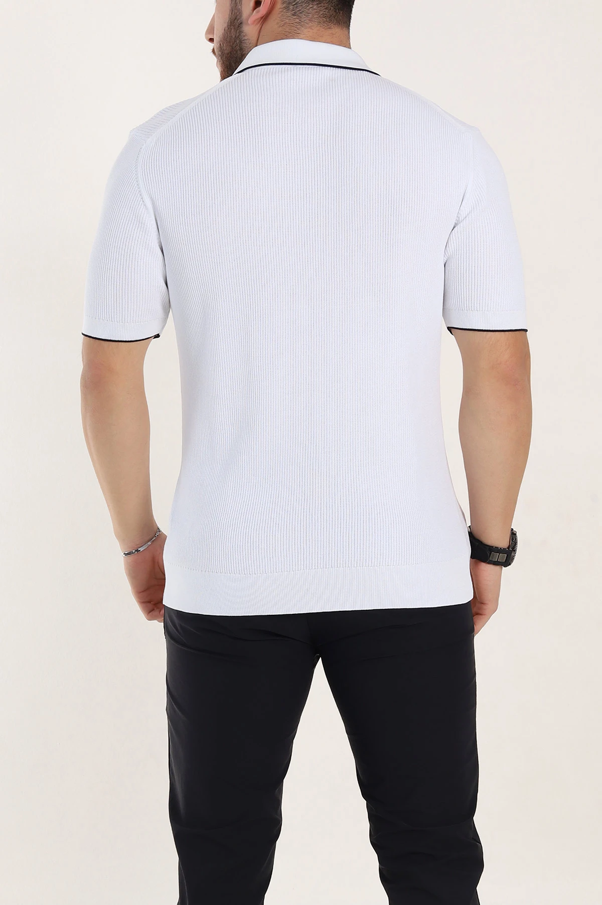 Beyaz Slim Fit Dokulu Fermuarlı Polo Yaka Kısa Kollu Erkek Triko Tişört 338621