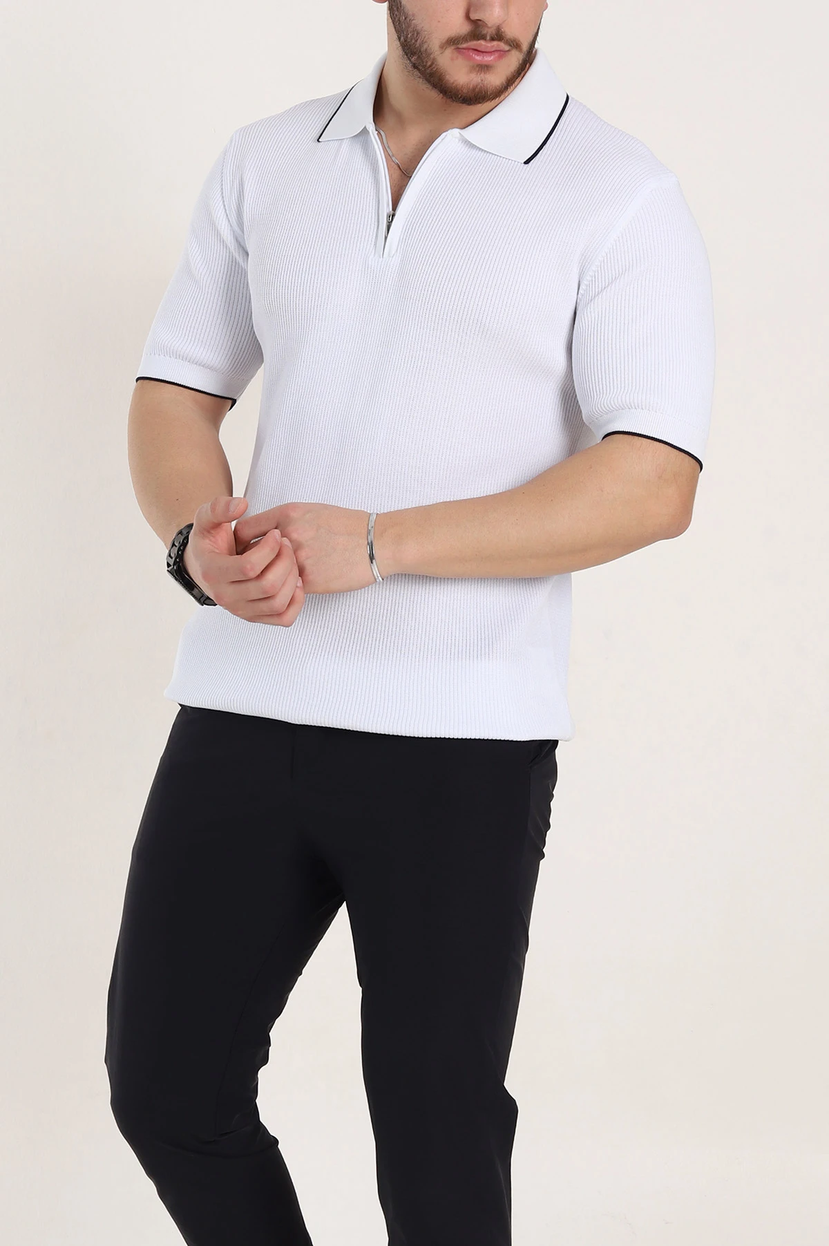 Beyaz Slim Fit Dokulu Fermuarlı Polo Yaka Kısa Kollu Erkek Triko Tişört 338621