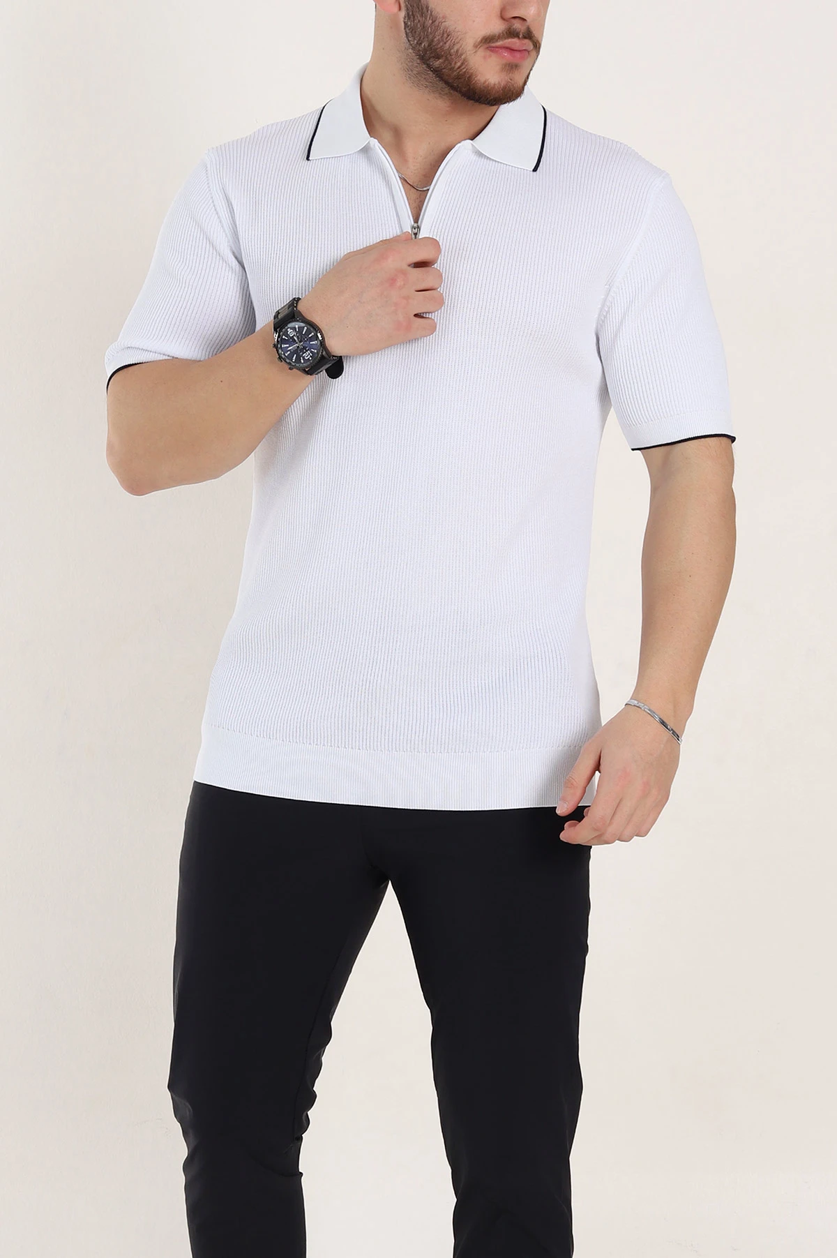 Beyaz Slim Fit Dokulu Fermuarlı Polo Yaka Kısa Kollu Erkek Triko Tişört 338621