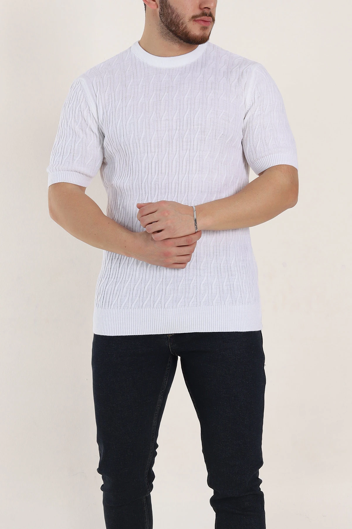 Beyaz Slim Fit Dokulu Kısa Kollu Erkek Triko Tişört 338899