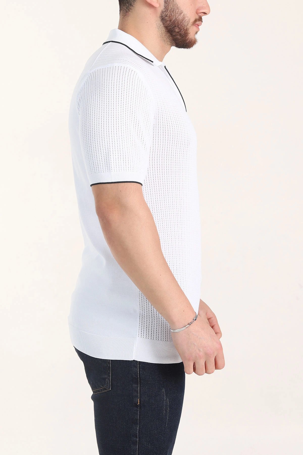 Beyaz Slim Fit Fermuarlı Polo Yaka Kısa Kollu Erkek Triko Tişört 338567