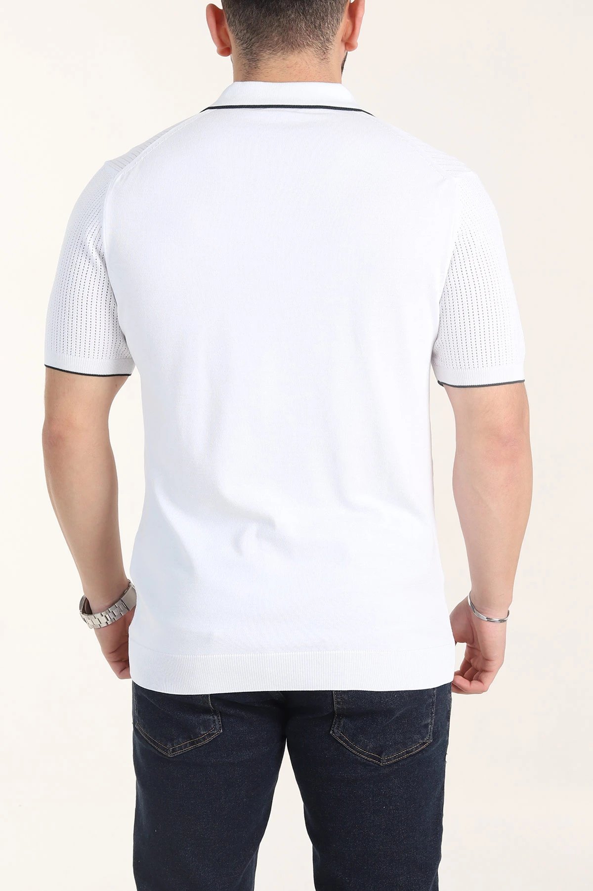 Beyaz Slim Fit Fermuarlı Polo Yaka Kısa Kollu Erkek Triko Tişört 338567