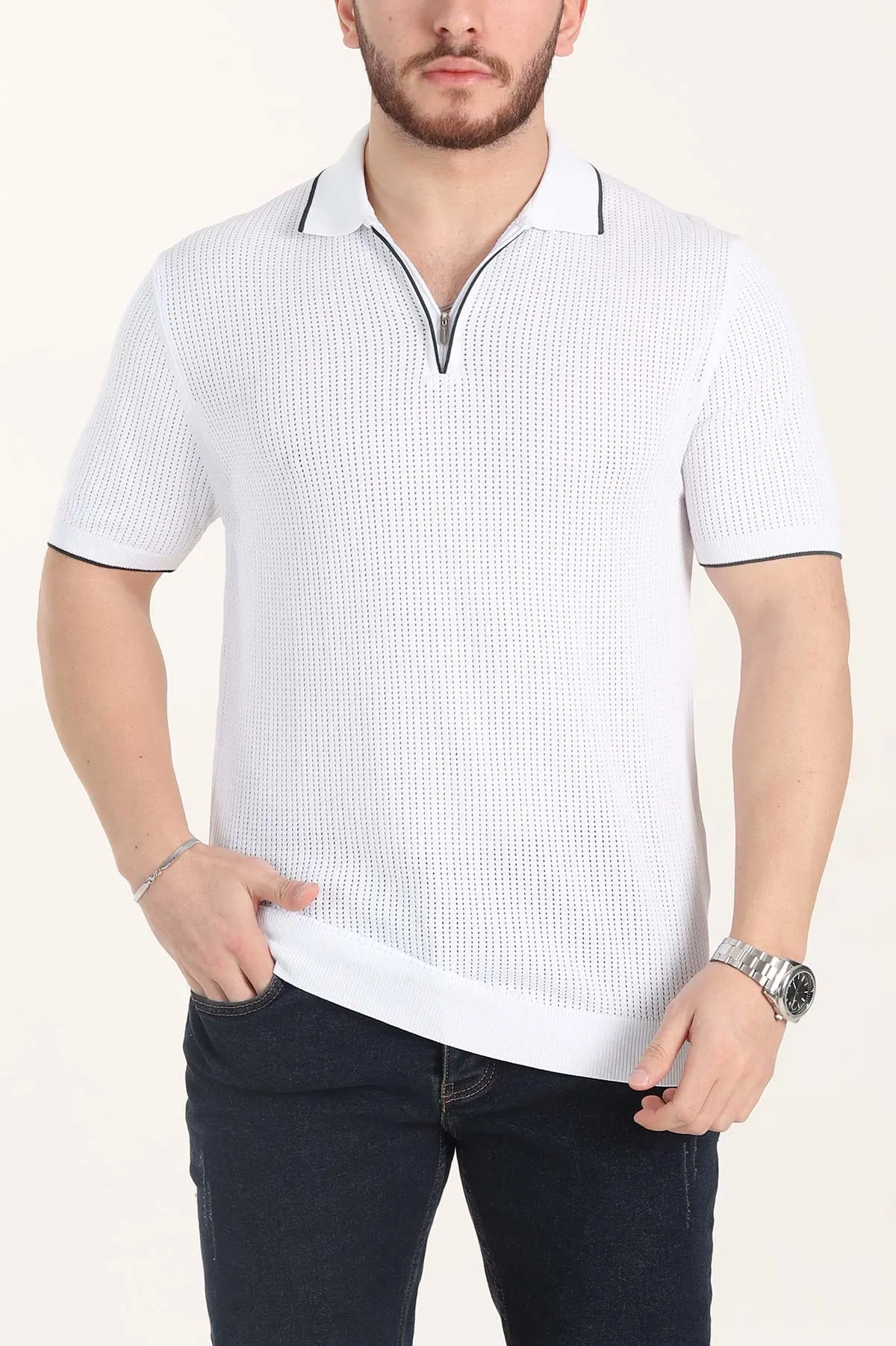 Beyaz Slim Fit Fermuarlı Polo Yaka Kısa Kollu Erkek Triko Tişört 338567