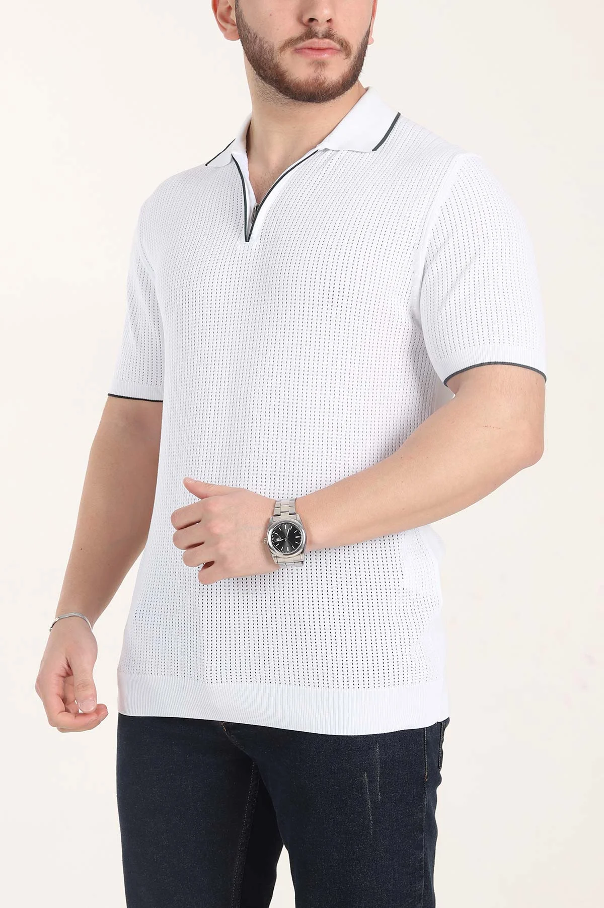 Beyaz Slim Fit Fermuarlı Polo Yaka Kısa Kollu Erkek Triko Tişört 338567