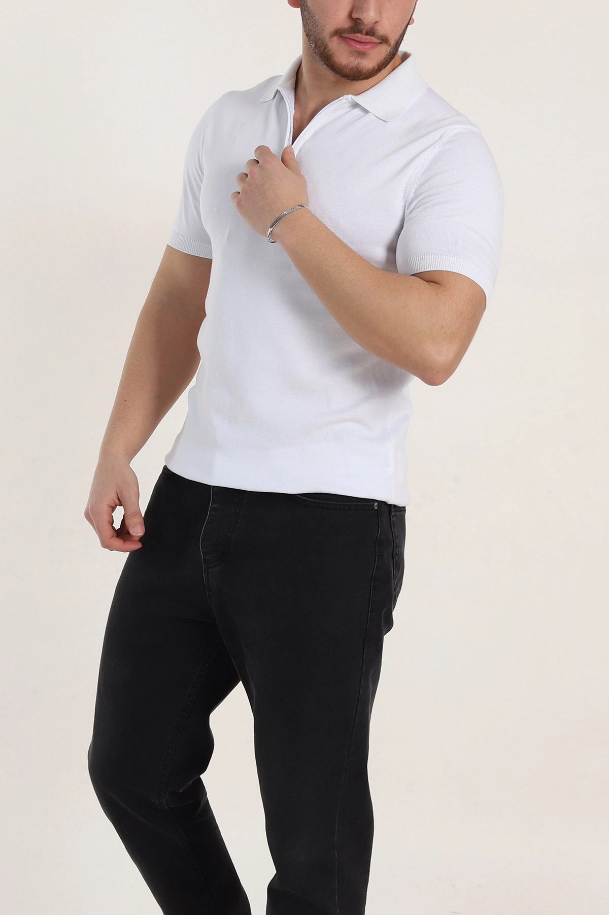 Beyaz Slim Fit Fermuarlı Polo Yaka Kısa Kollu Erkek Triko Tişört 338609